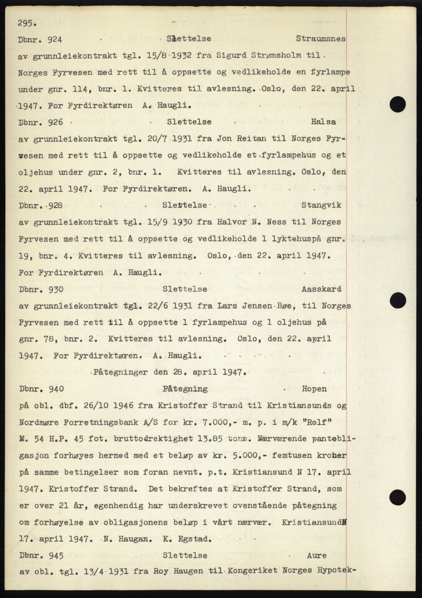 Nordmøre sorenskriveri, AV/SAT-A-4132/1/2/2Ca: Mortgage book no. C82b, 1946-1951, Diary no: : 924/1947