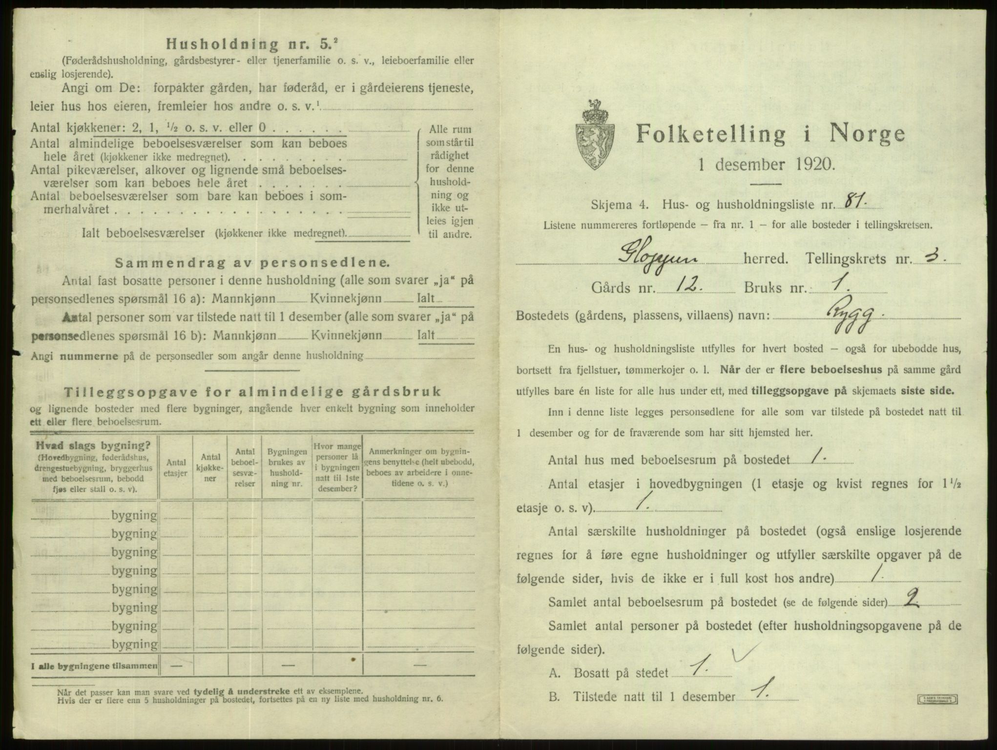 SAB, 1920 census for Gloppen, 1920, p. 315