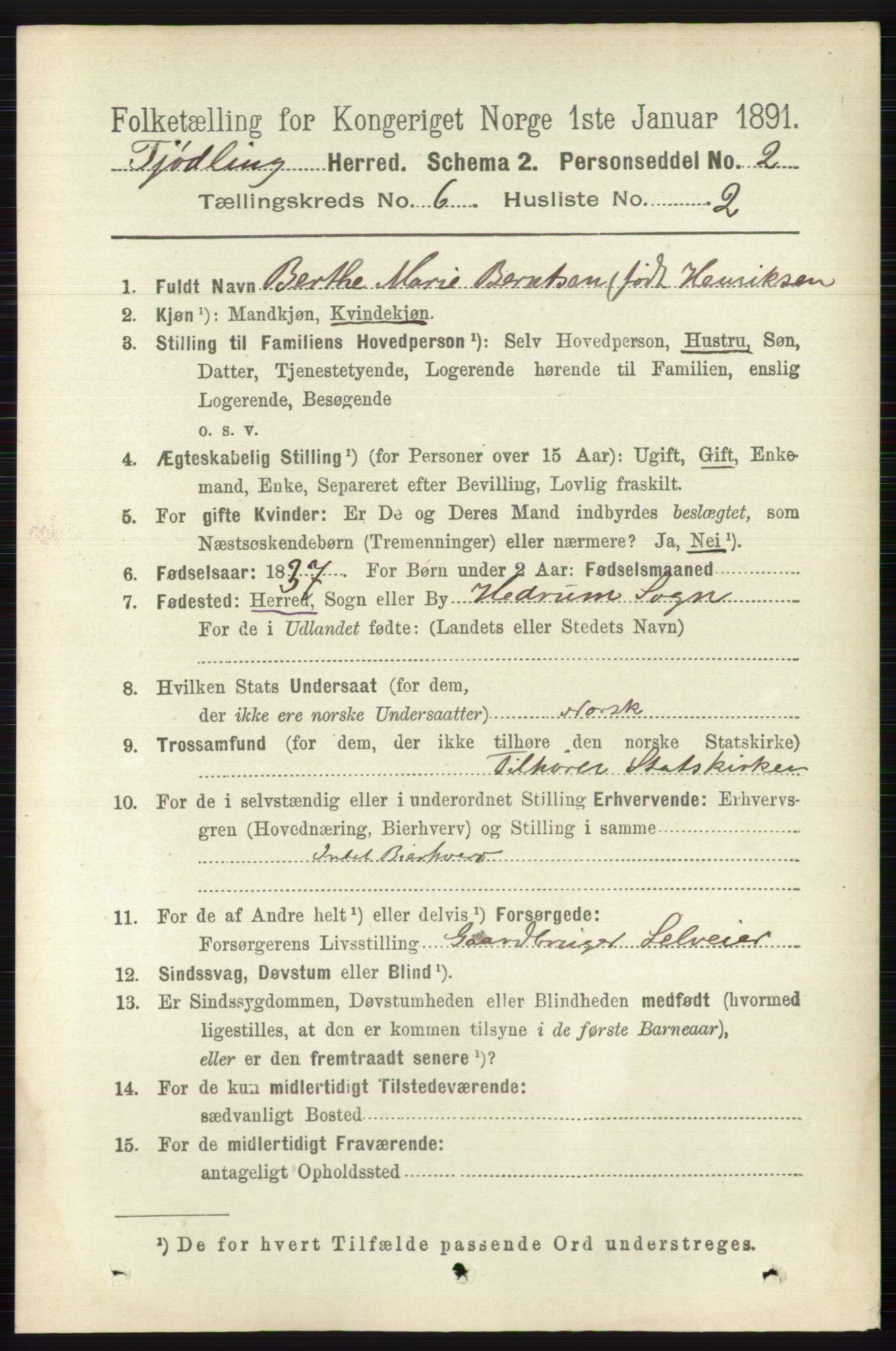 RA, 1891 census for 0725 Tjølling, 1891, p. 2908