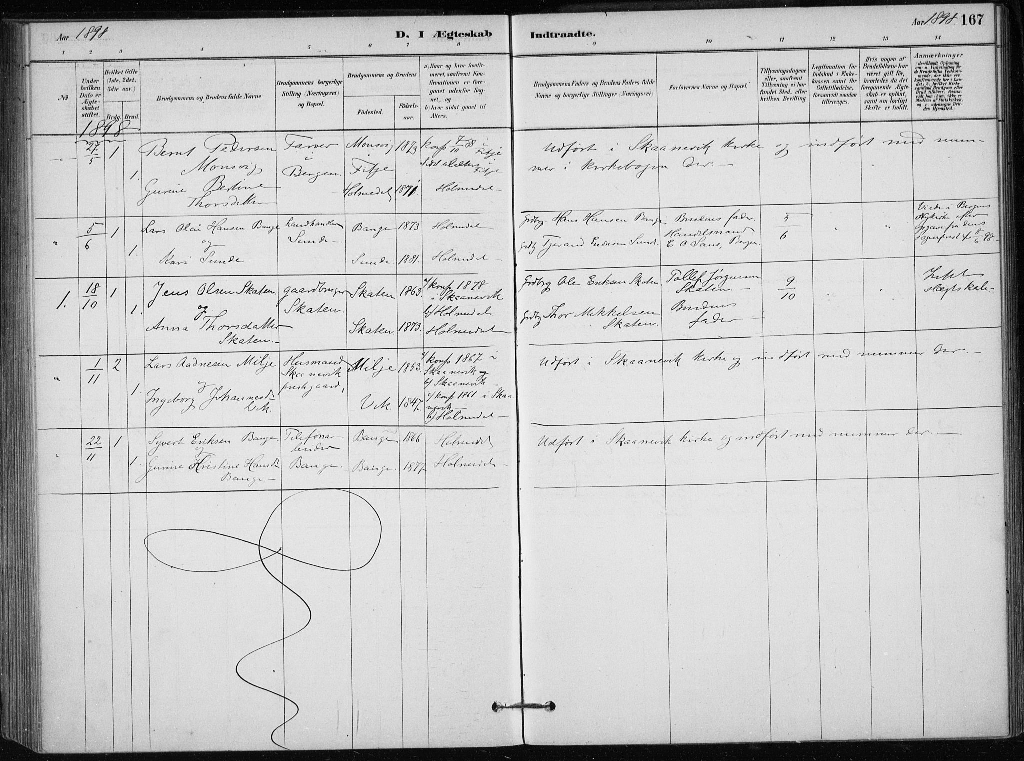 Skånevik sokneprestembete, SAB/A-77801/H/Haa: Parish register (official) no. C  1, 1879-1917, p. 167