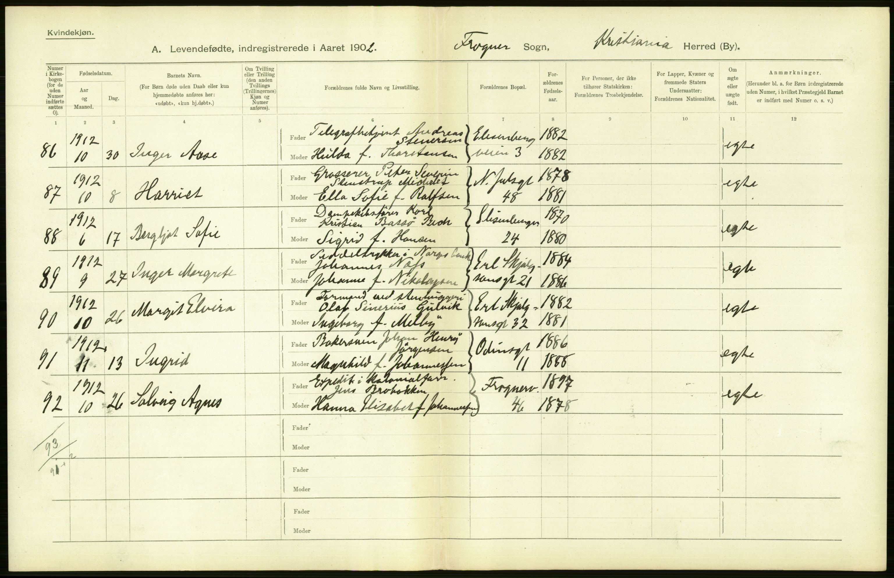 Statistisk sentralbyrå, Sosiodemografiske emner, Befolkning, RA/S-2228/D/Df/Dfb/Dfbb/L0007: Kristiania:  Levendefødte menn og kvinner., 1912, p. 462