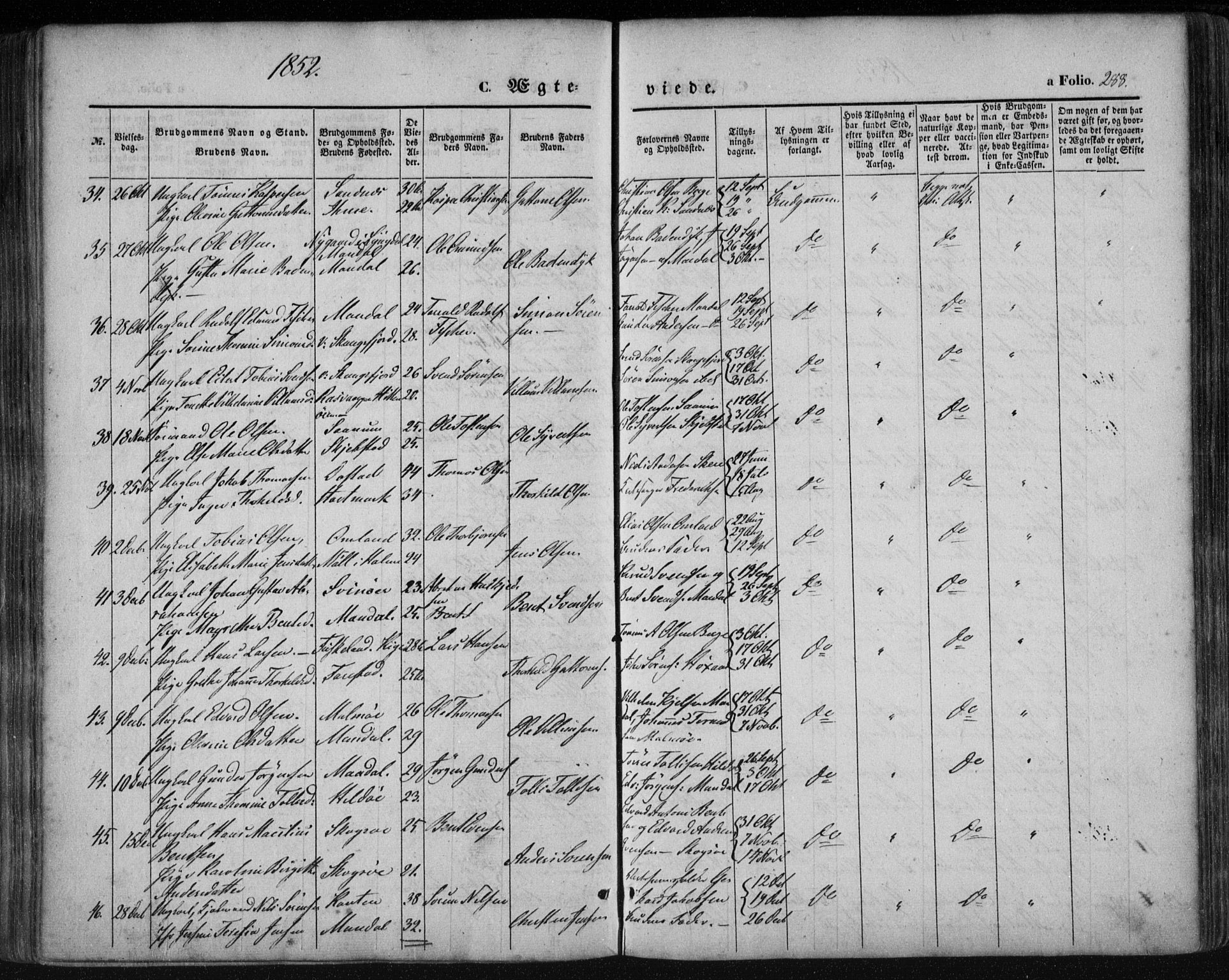 Mandal sokneprestkontor, AV/SAK-1111-0030/F/Fa/Faa/L0013: Parish register (official) no. A 13, 1847-1859, p. 288