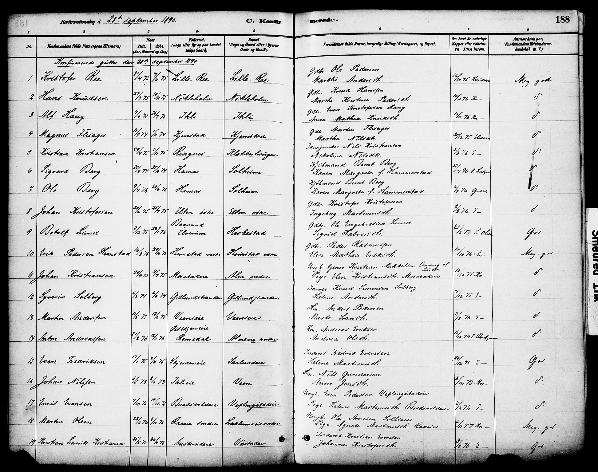 Stange prestekontor, SAH/PREST-002/K/L0017: Parish register (official) no. 17, 1880-1893, p. 188