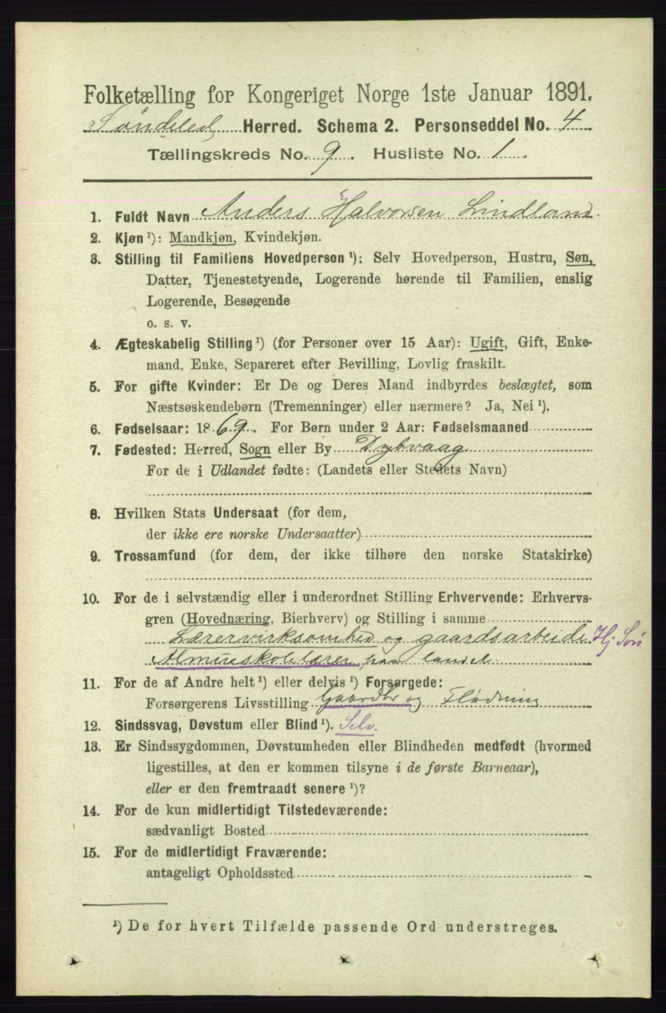 RA, 1891 census for 0913 Søndeled, 1891, p. 2865