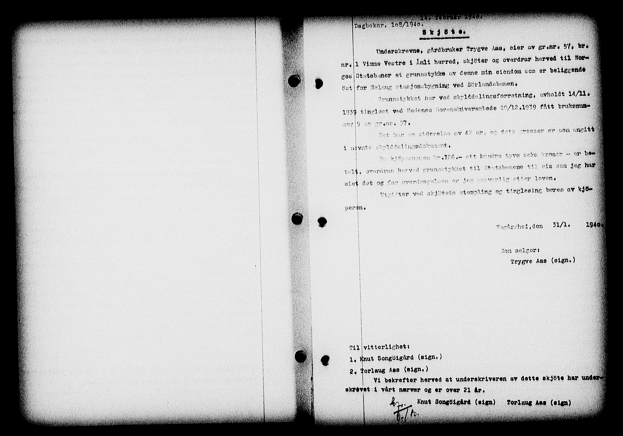 Nedenes sorenskriveri, SAK/1221-0006/G/Gb/Gba/L0047: Mortgage book no. A-I, 1939-1940, Diary no: : 108/1940