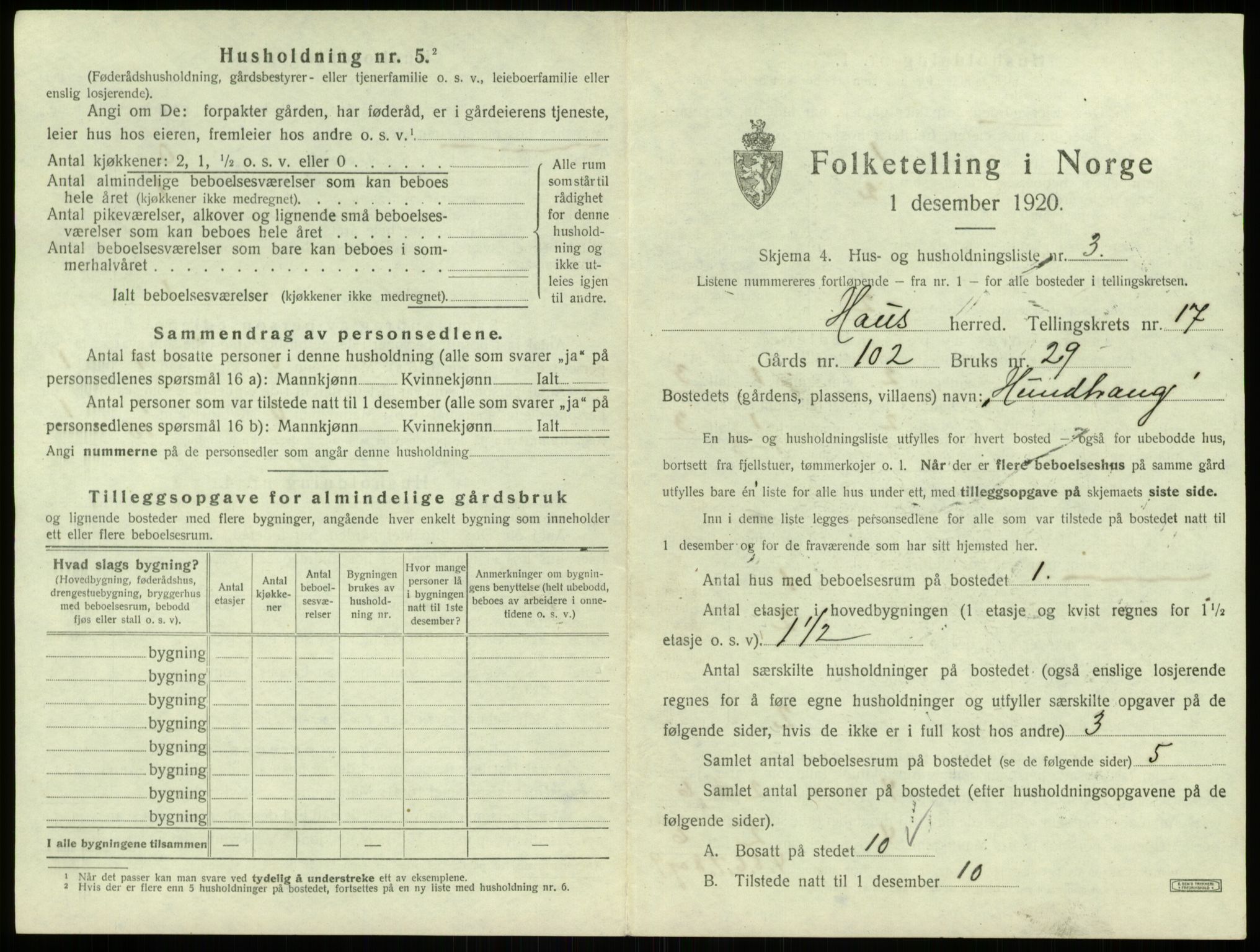 SAB, 1920 census for Haus, 1920, p. 1427