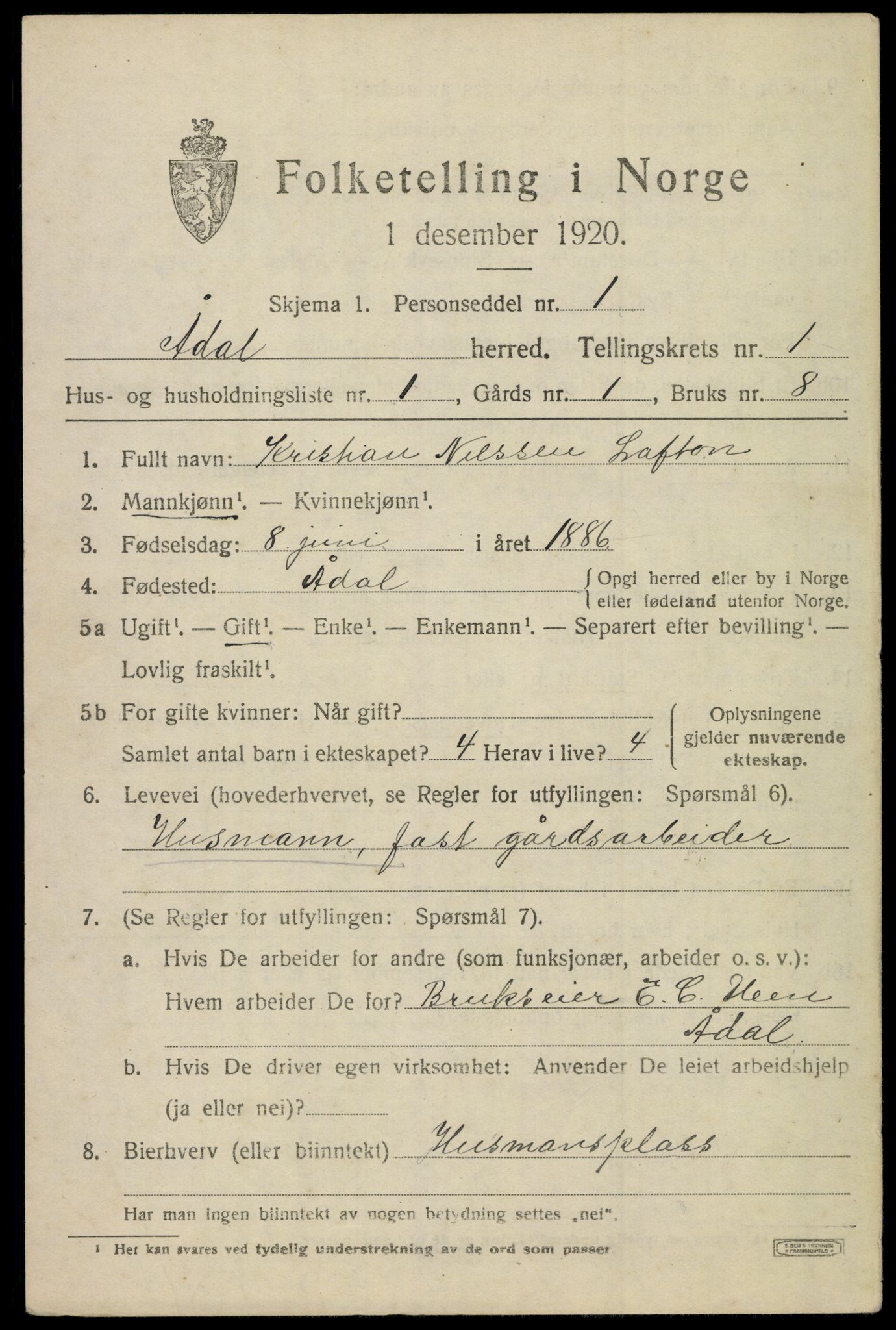 SAKO, 1920 census for Ådal, 1920, p. 1174