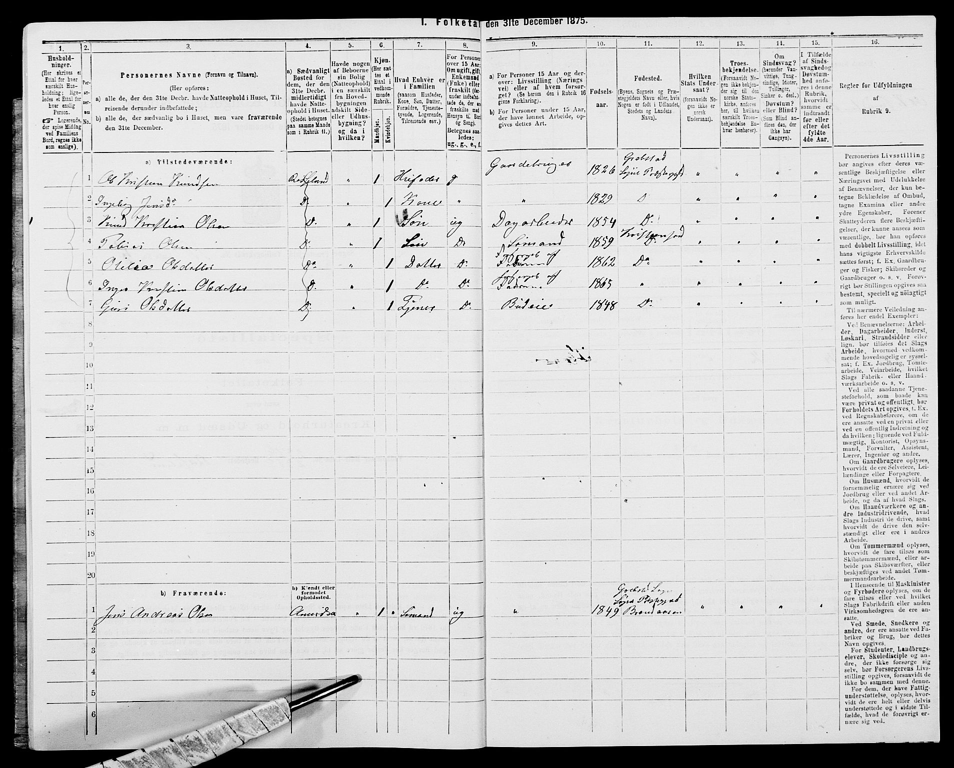 SAK, 1875 census for 1018P Søgne, 1875, p. 1124