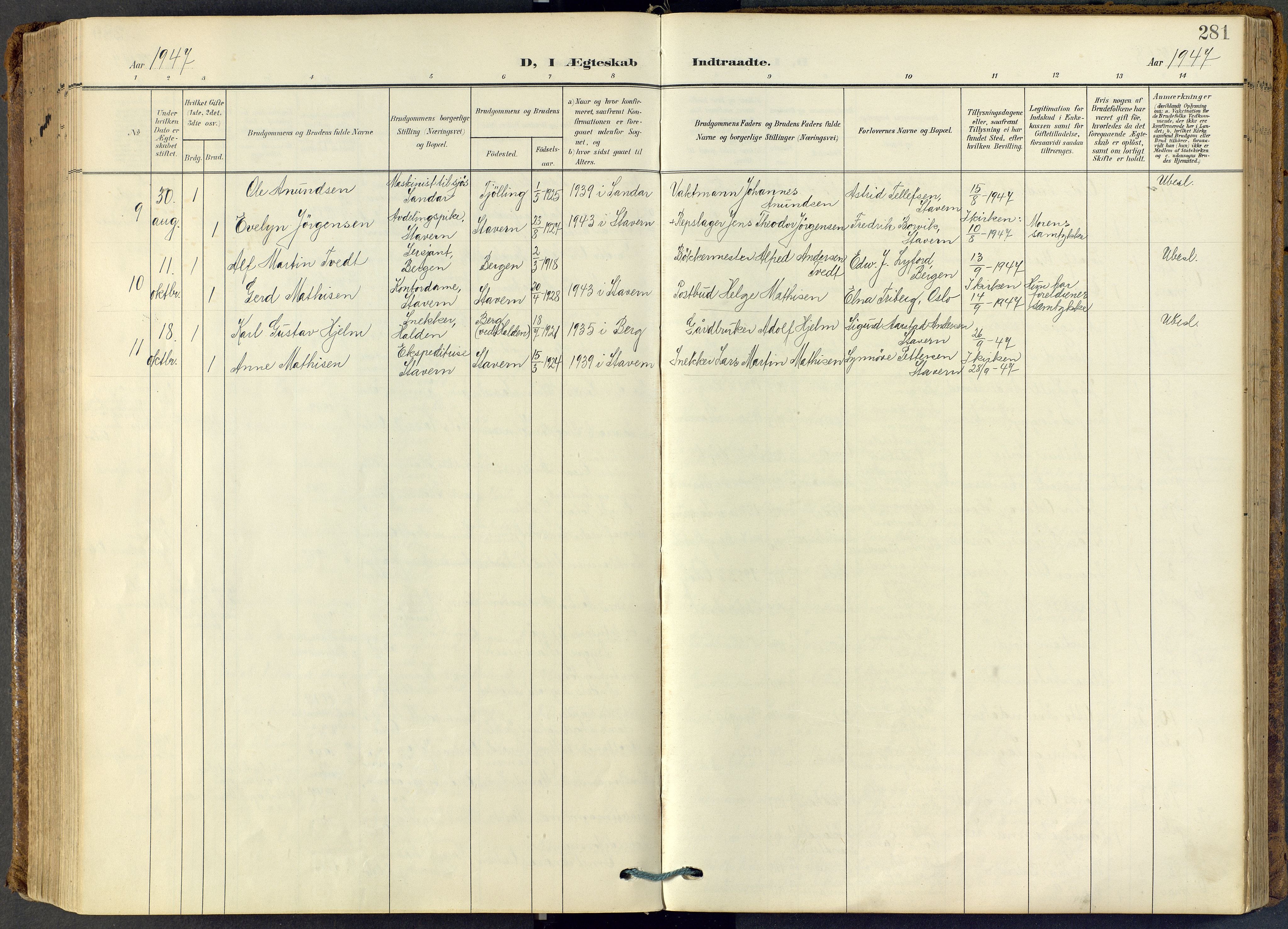 Stavern kirkebøker, SAKO/A-318/F/Fa/L0009: Parish register (official) no. 9, 1906-1955, p. 281