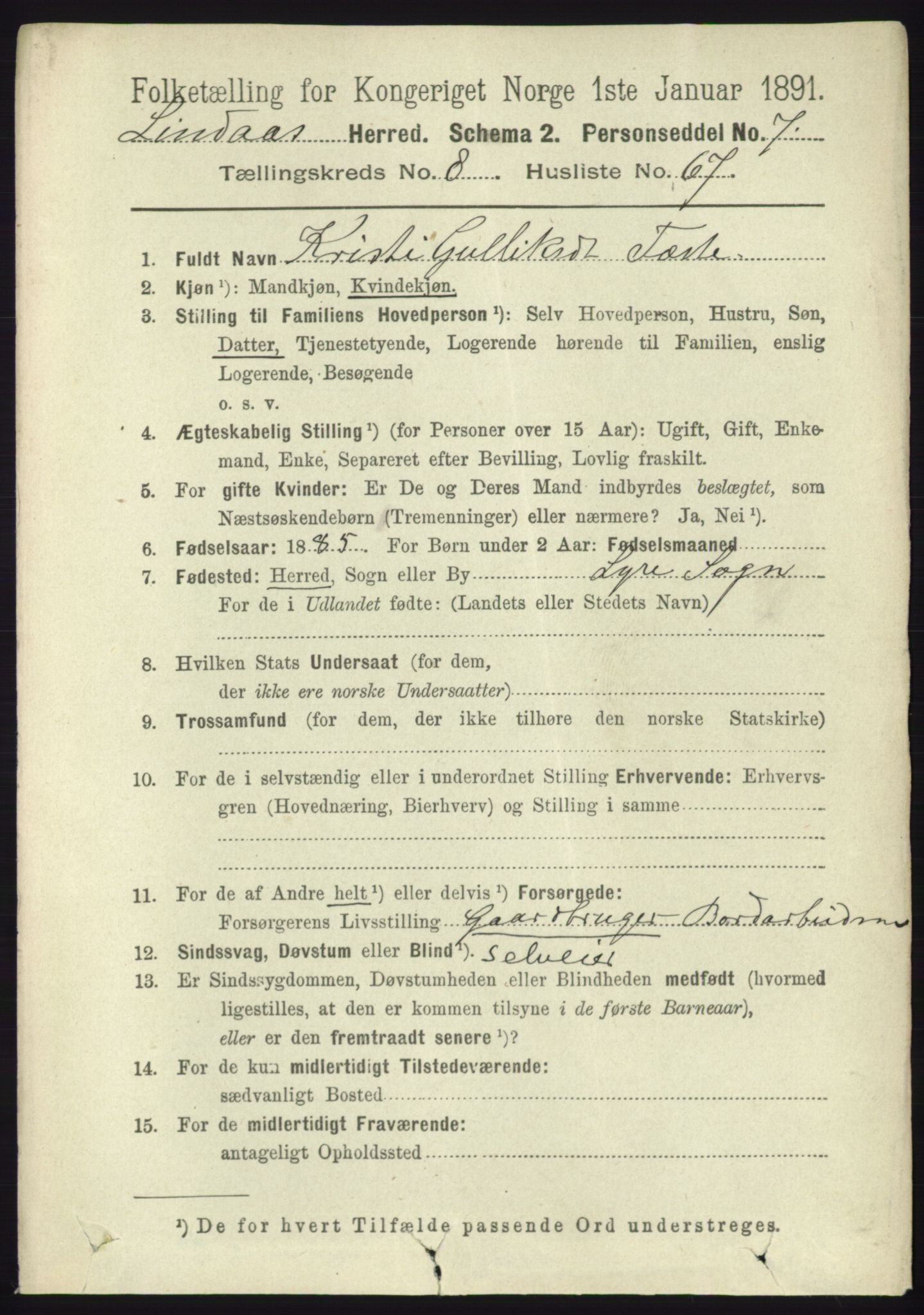 RA, 1891 census for 1263 Lindås, 1891, p. 2895