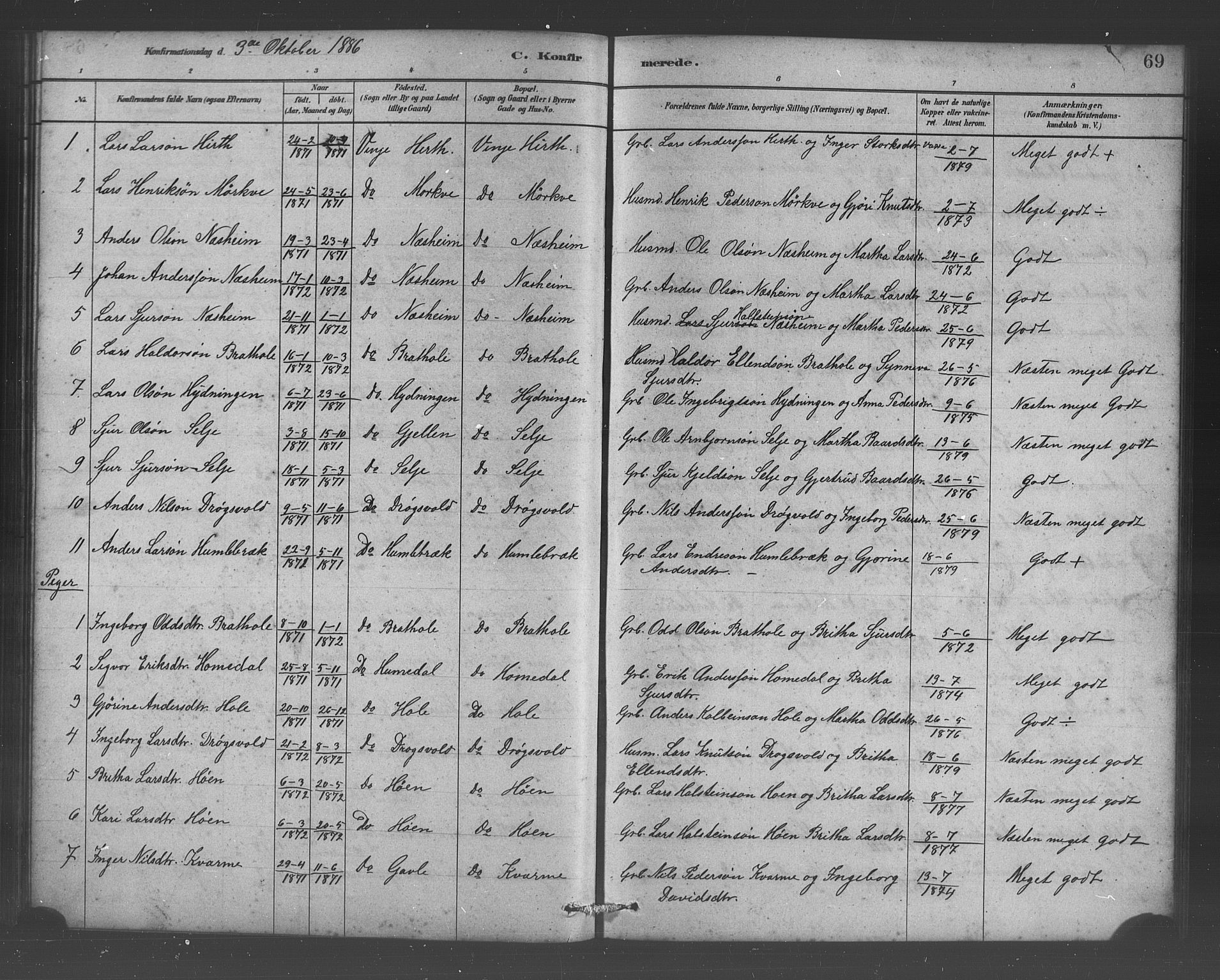 Vossestrand Sokneprestembete, SAB/A-79101/H/Hab: Parish register (copy) no. B 3, 1880-1907, p. 69