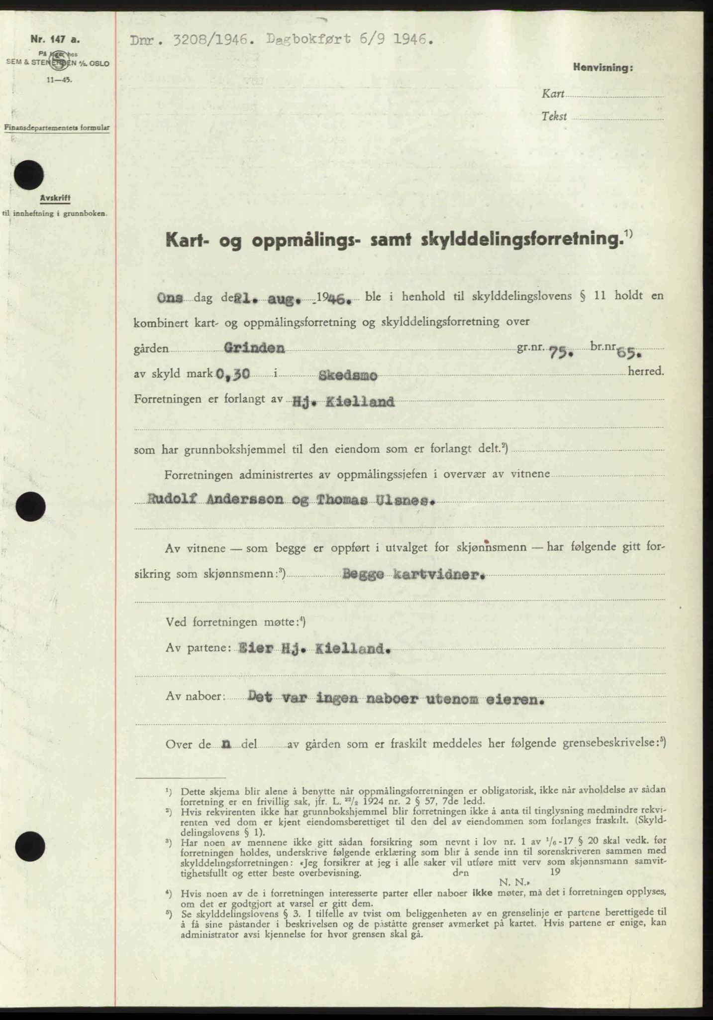 Nedre Romerike sorenskriveri, AV/SAO-A-10469/G/Gb/Gbd/L0017: Mortgage book no. 17, 1946-1946, Diary no: : 3208/1946