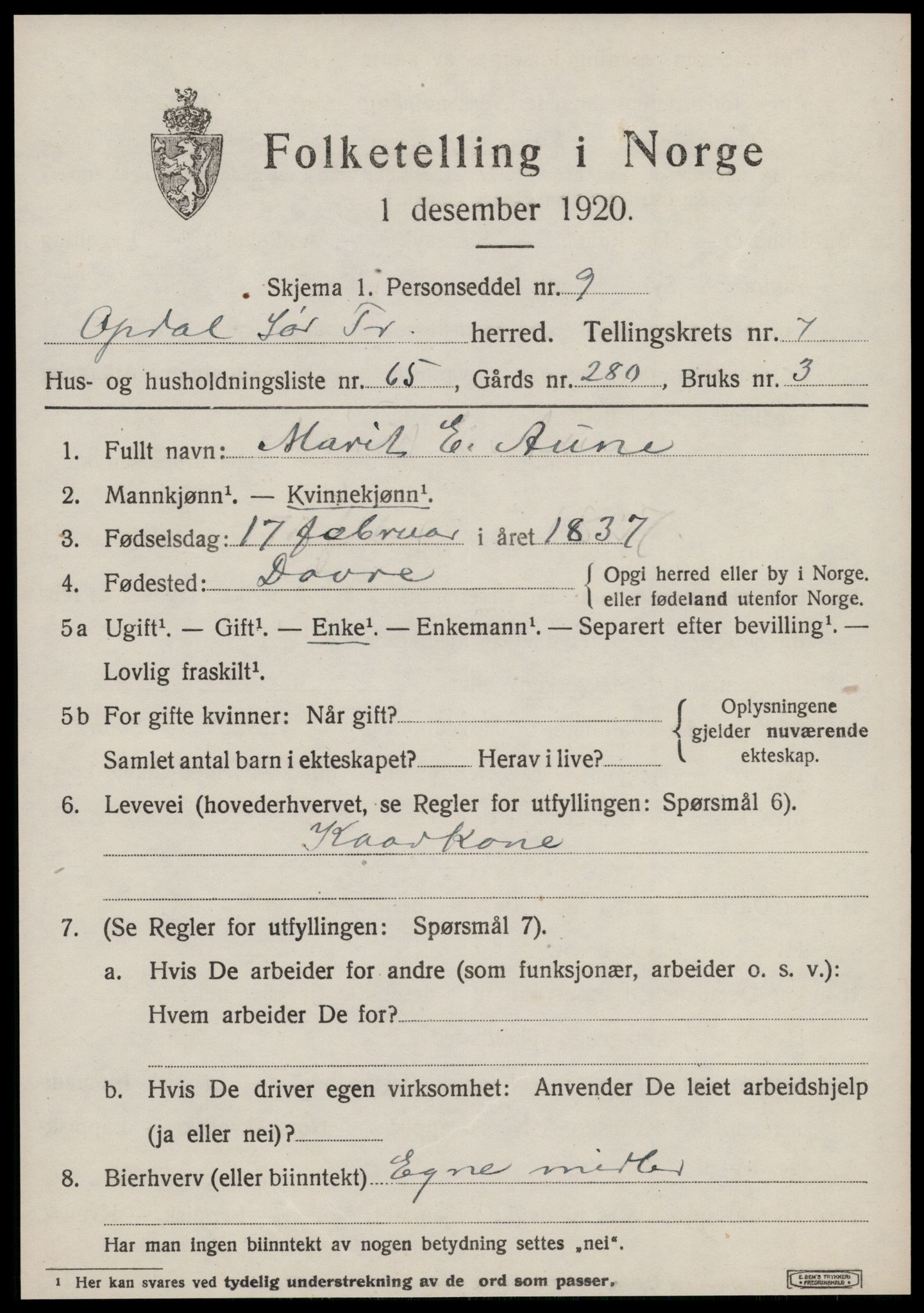 SAT, 1920 census for Oppdal, 1920, p. 6491