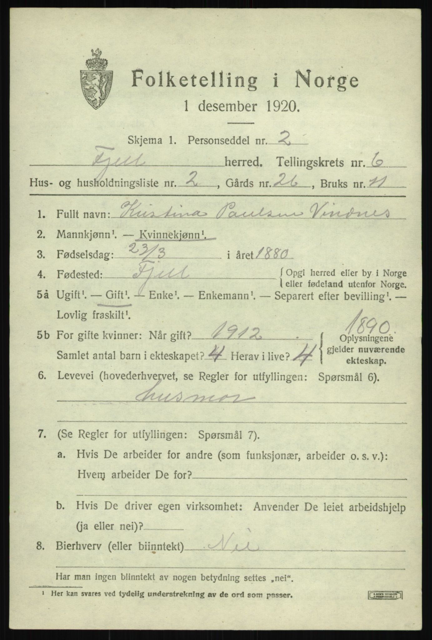 SAB, 1920 census for Fjell, 1920, p. 5224