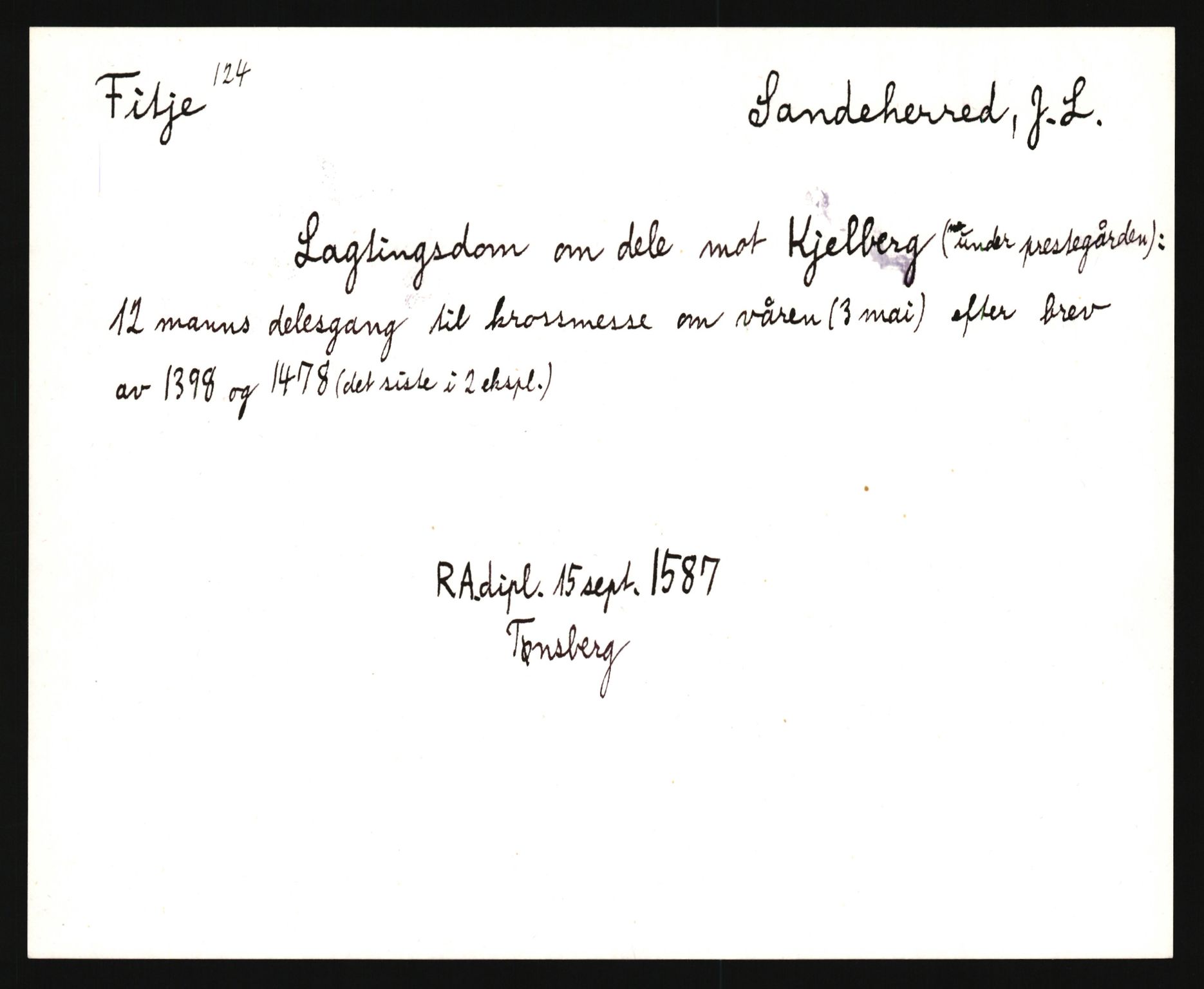 Riksarkivets diplomsamling, AV/RA-EA-5965/F35/F35e/L0019: Registreringssedler Vestfold 2, 1400-1700, p. 27