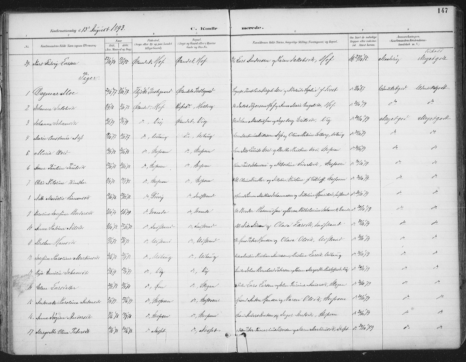 Ministerialprotokoller, klokkerbøker og fødselsregistre - Sør-Trøndelag, SAT/A-1456/659/L0743: Parish register (official) no. 659A13, 1893-1910, p. 147