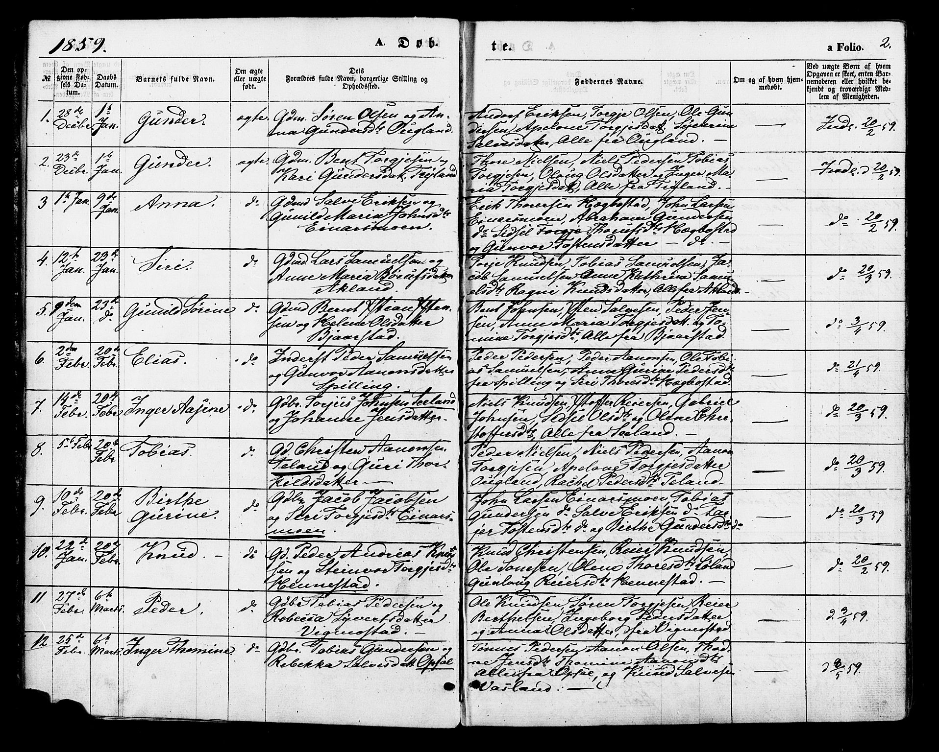 Nord-Audnedal sokneprestkontor, SAK/1111-0032/F/Fa/Fab/L0002: Parish register (official) no. A 2, 1859-1882, p. 2