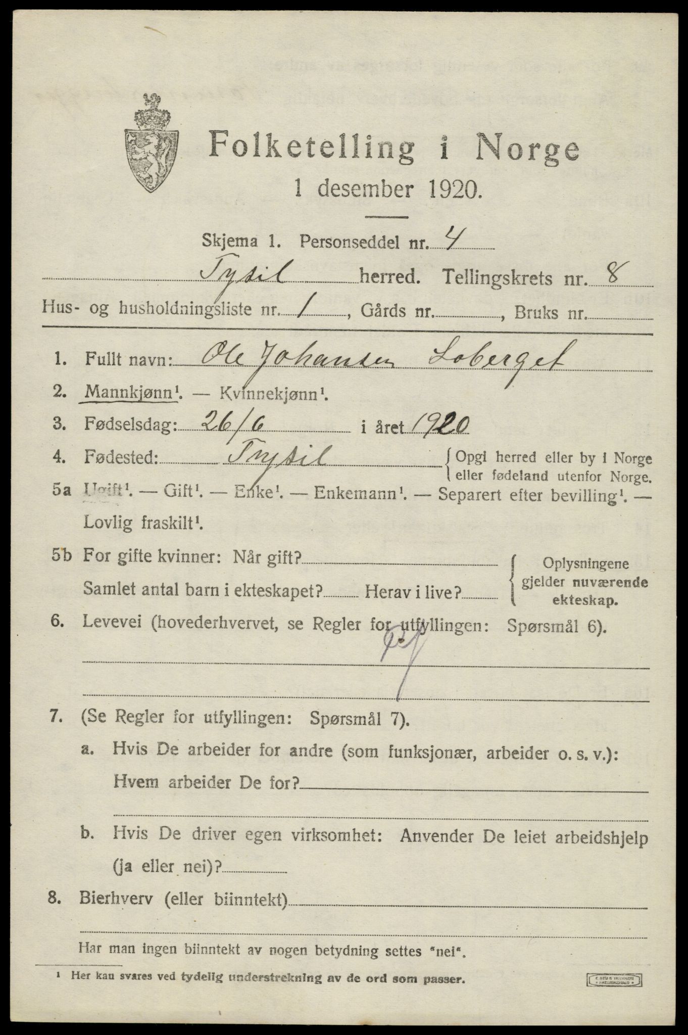 SAH, 1920 census for Trysil, 1920, p. 6227