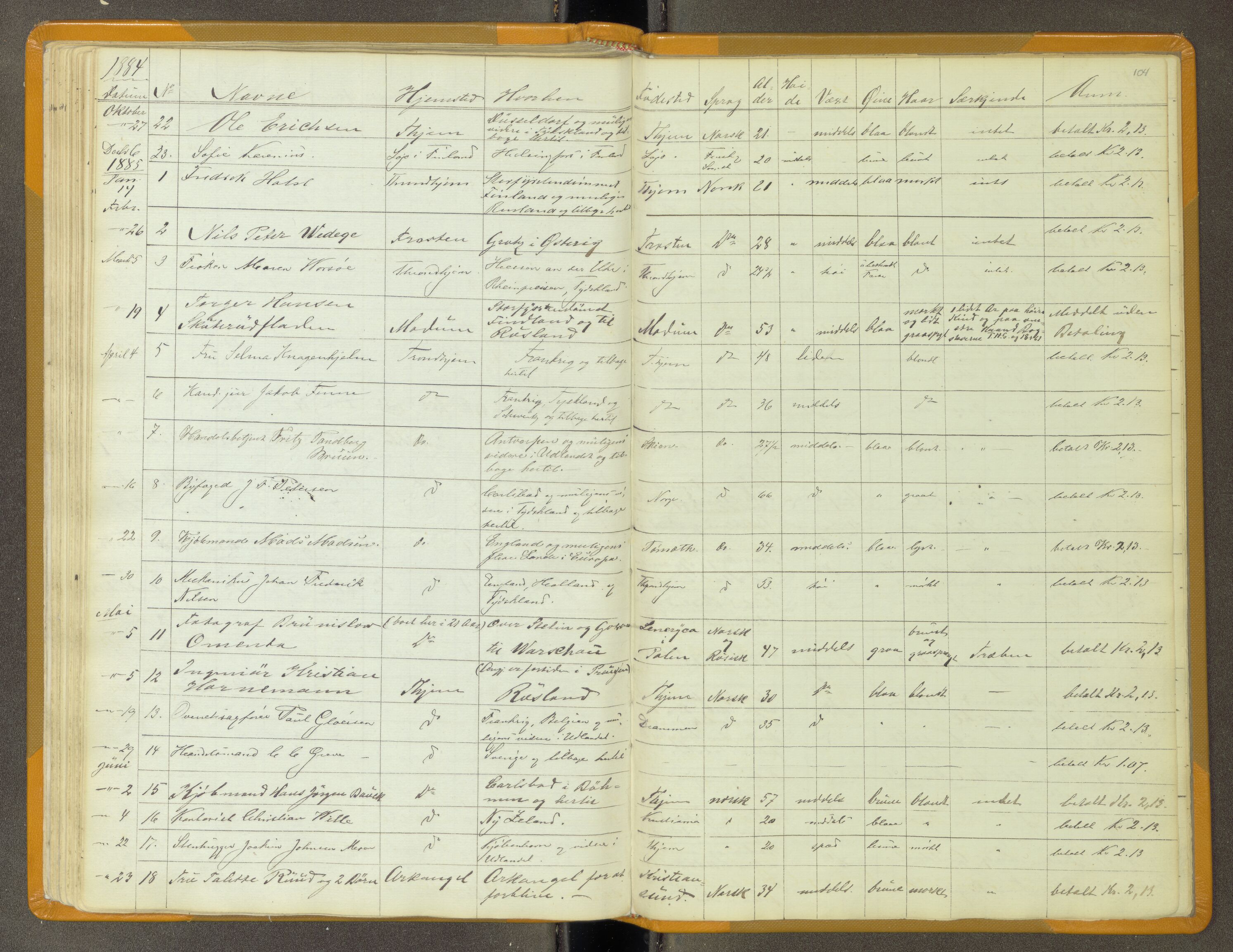 Trondheim politikammer, AV/SAT-A-1887/1/30/L0011: Passprotokoll. Utstedte pass 1855-1890. Utstede og forviste handelsbrev 1857-1860, 1855-1890, p. 103b-104a