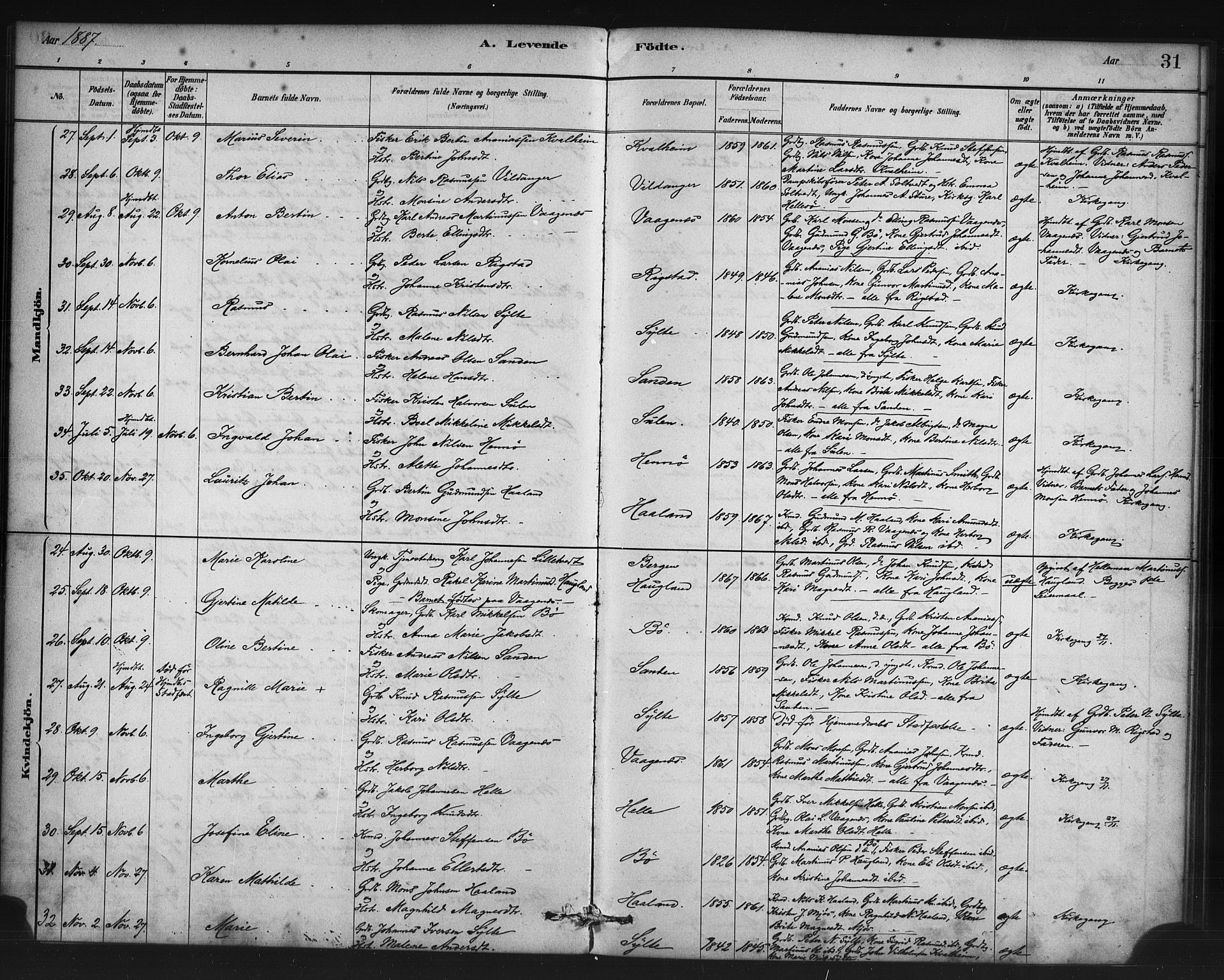 Manger sokneprestembete, SAB/A-76801/H/Haa: Parish register (official) no. C 1, 1881-1890, p. 31