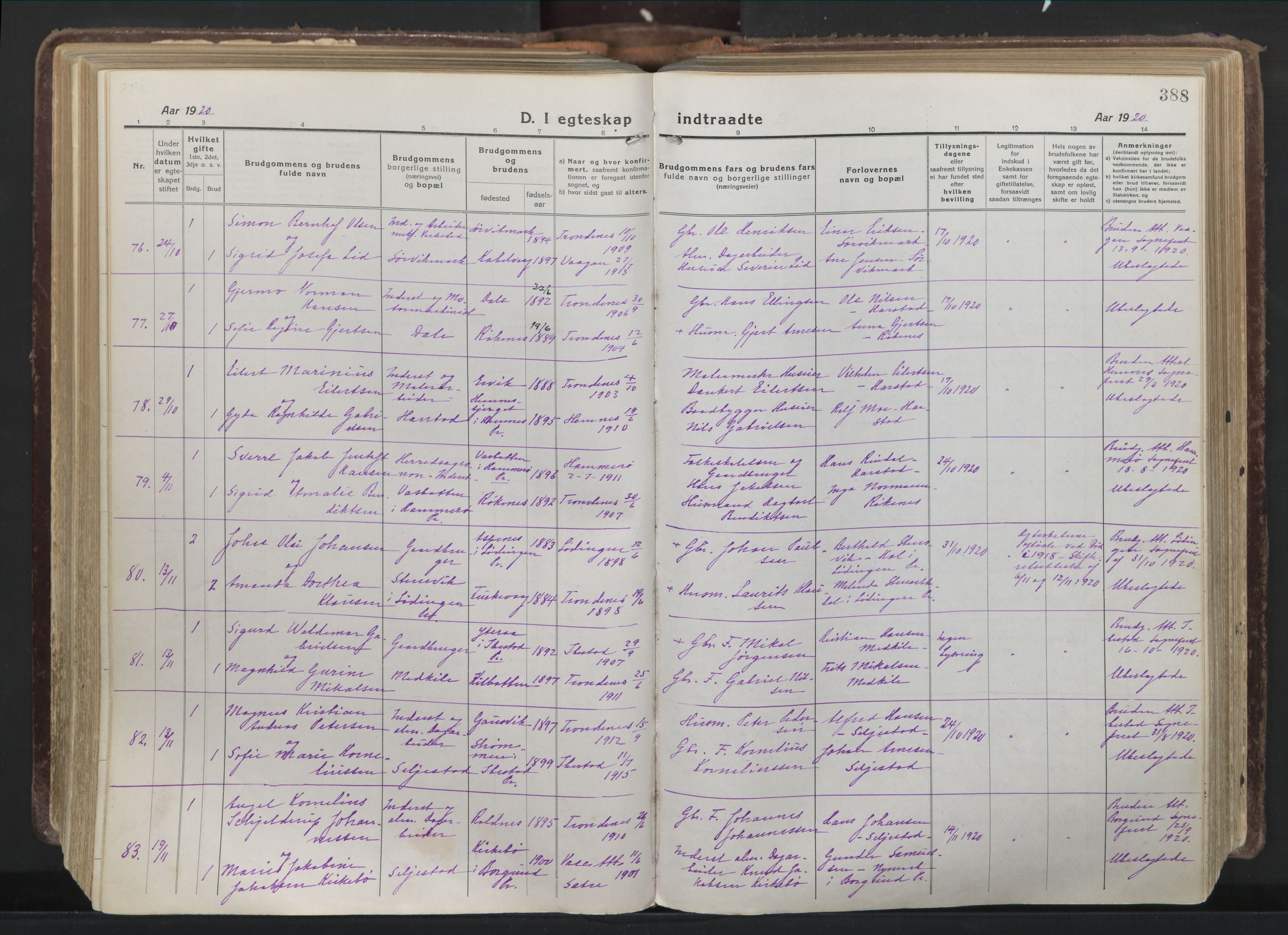 Trondenes sokneprestkontor, AV/SATØ-S-1319/H/Ha/L0019kirke: Parish register (official) no. 19, 1919-1928, p. 388