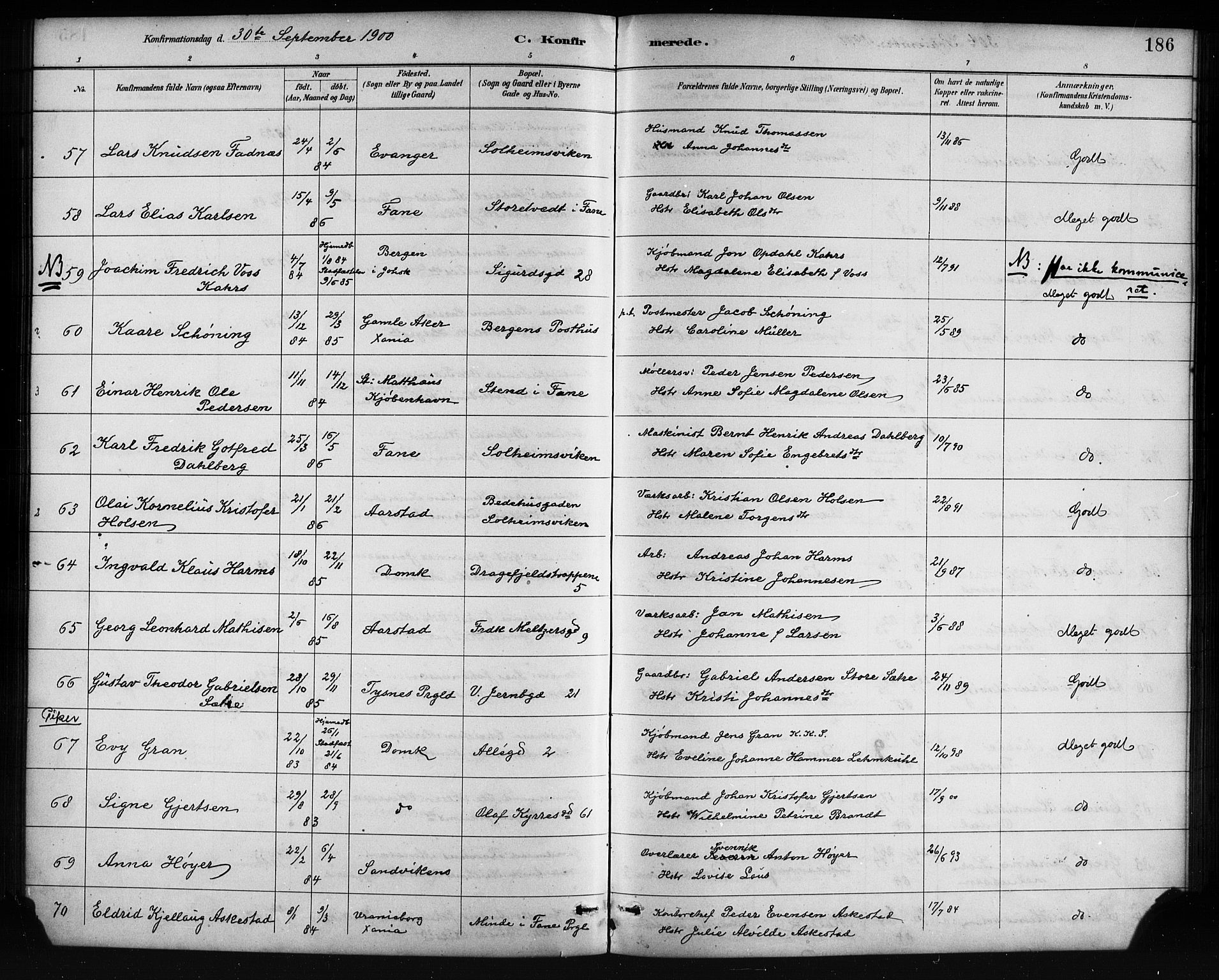 Johanneskirken sokneprestembete, SAB/A-76001/H/Hab: Parish register (copy) no. B 1, 1885-1907, p. 186
