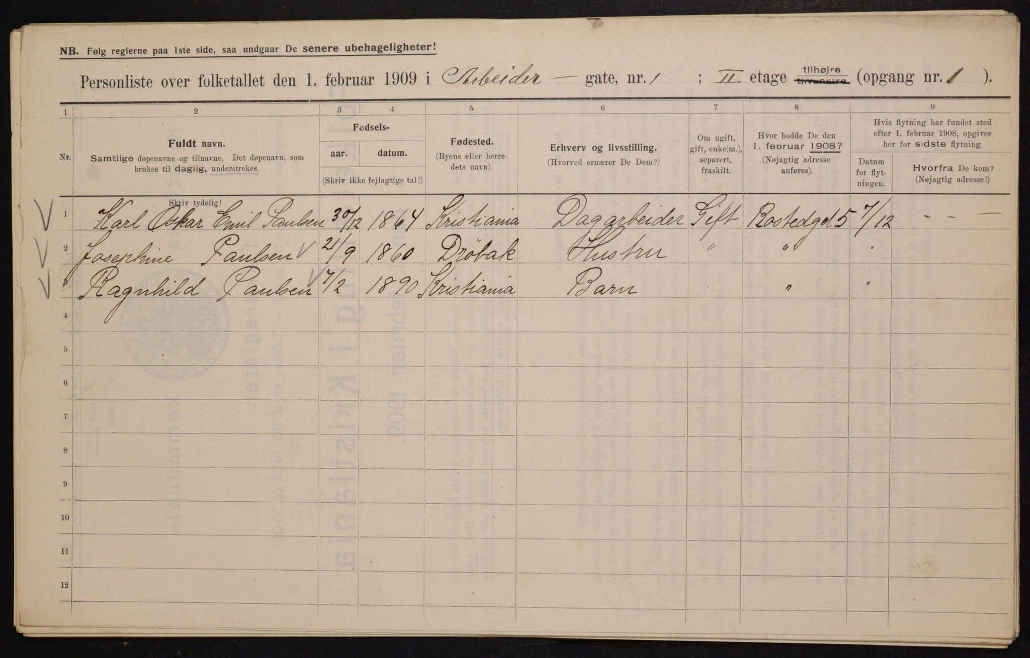 OBA, Municipal Census 1909 for Kristiania, 1909, p. 1415