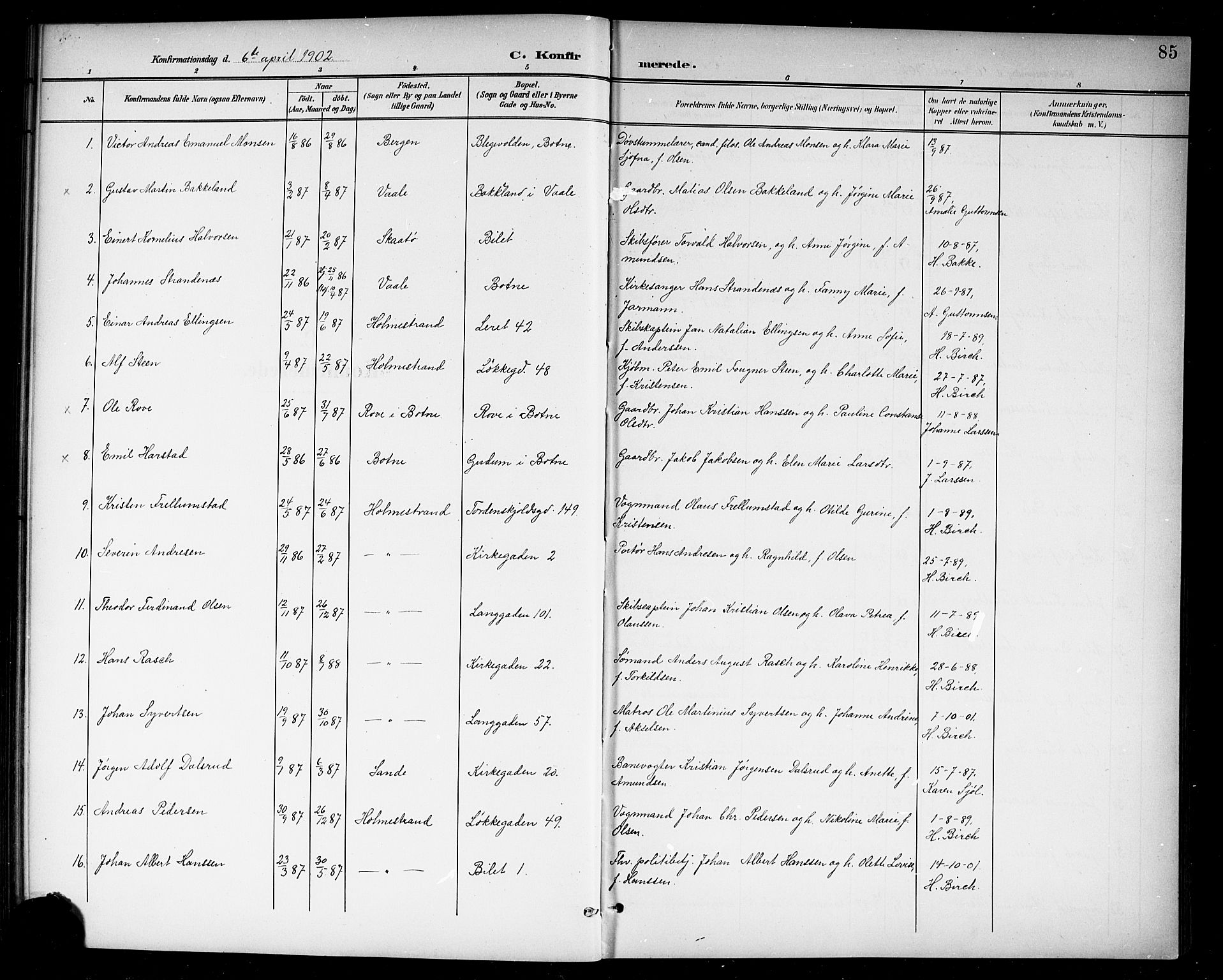 Holmestrand kirkebøker, AV/SAKO-A-346/G/Ga/L0006: Parish register (copy) no. 6, 1901-1923, p. 85