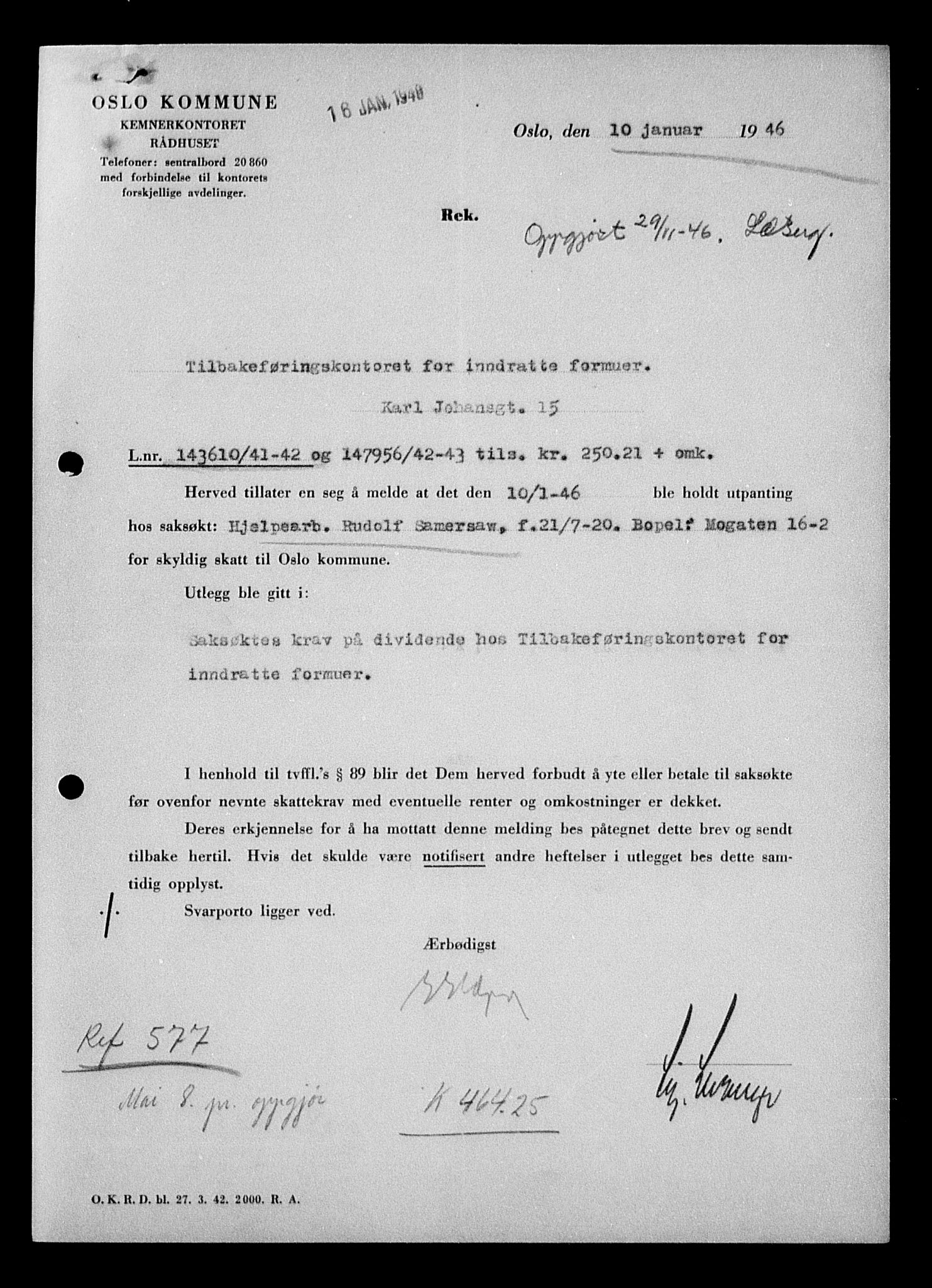 Justisdepartementet, Tilbakeføringskontoret for inndratte formuer, AV/RA-S-1564/H/Hc/Hcc/L0976: --, 1945-1947, p. 628