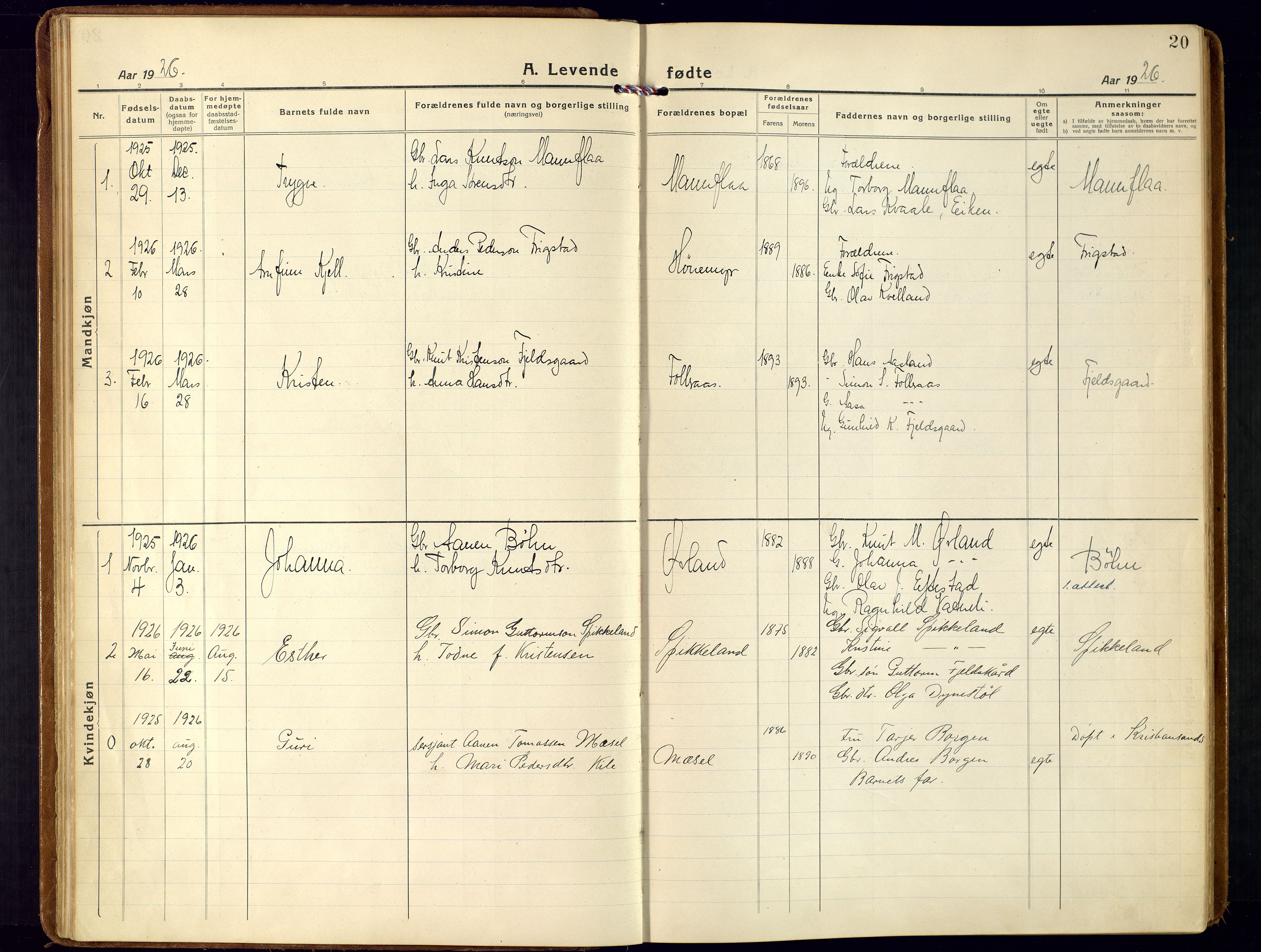 Bjelland sokneprestkontor, SAK/1111-0005/F/Fa/Fab/L0005: Parish register (official) no. A 5, 1921-1951, p. 20