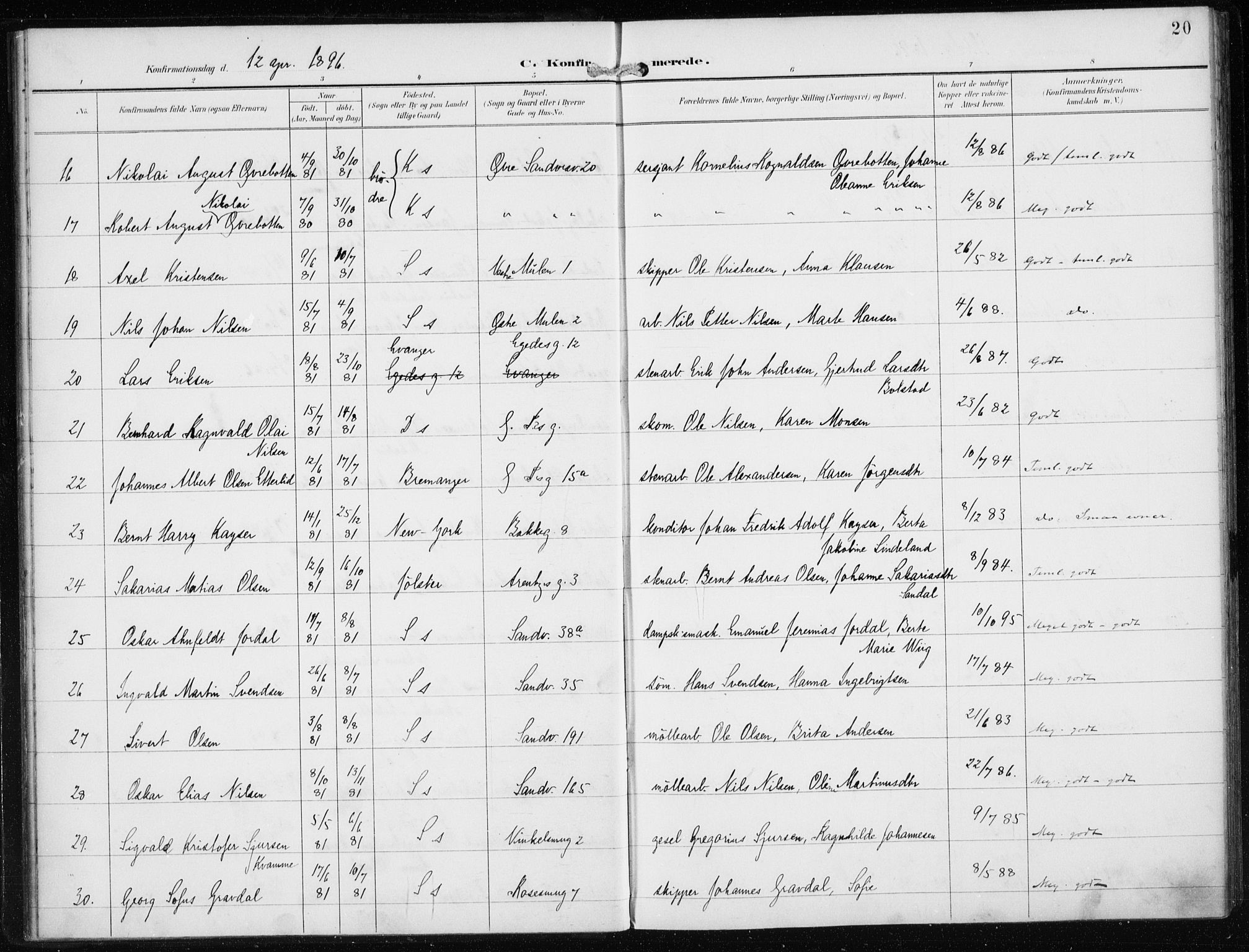 Sandviken Sokneprestembete, AV/SAB-A-77601/H/Ha/L0010: Parish register (official) no. C 1, 1895-1905, p. 20