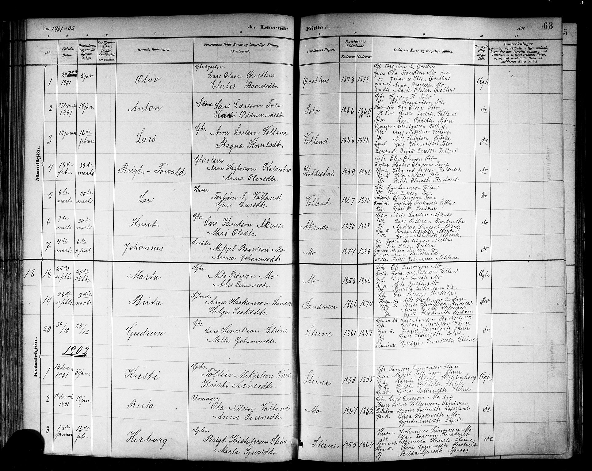 Kvam sokneprestembete, SAB/A-76201/H/Hab: Parish register (copy) no. B 3, 1884-1916, p. 63