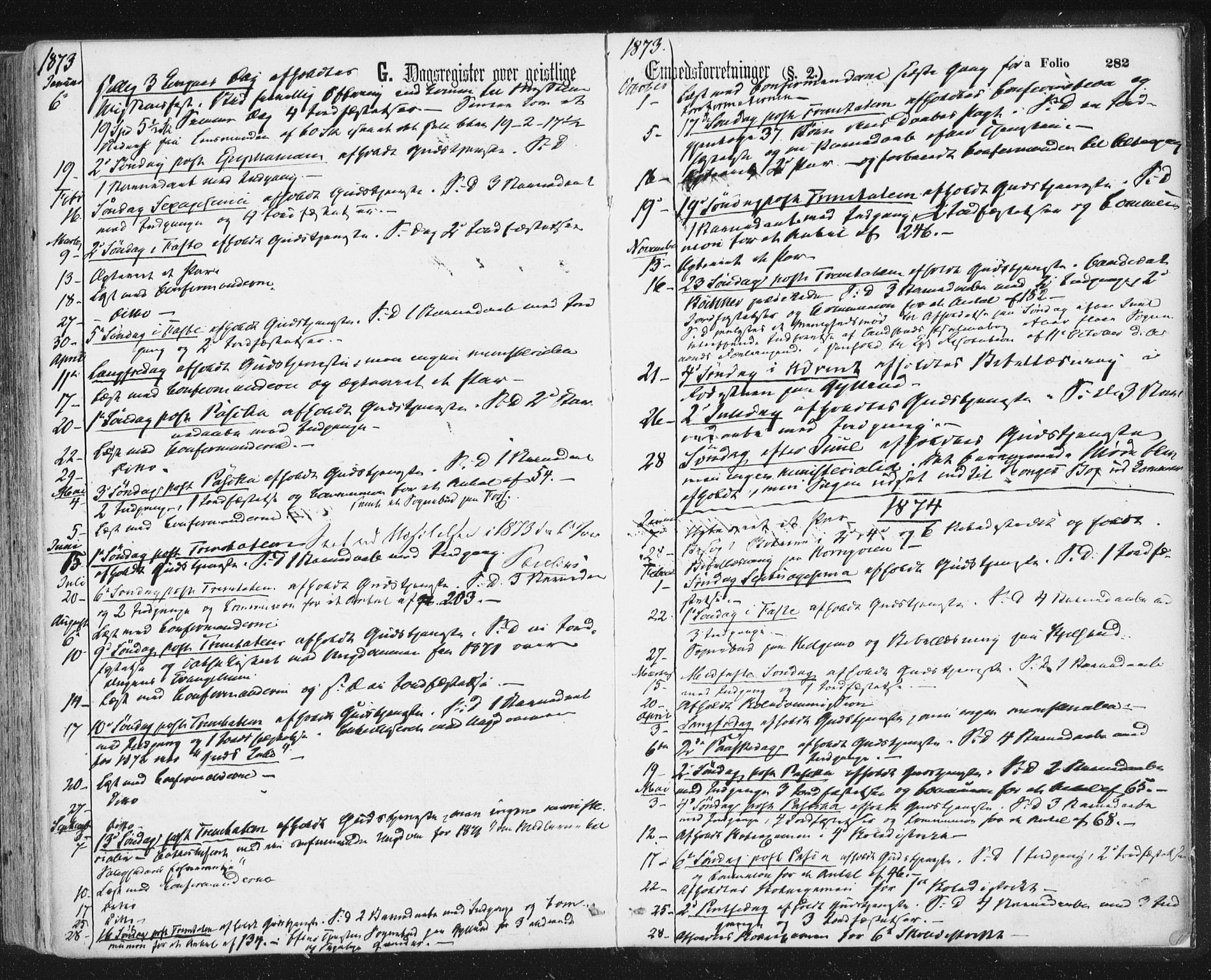 Ministerialprotokoller, klokkerbøker og fødselsregistre - Sør-Trøndelag, AV/SAT-A-1456/692/L1104: Parish register (official) no. 692A04, 1862-1878, p. 282