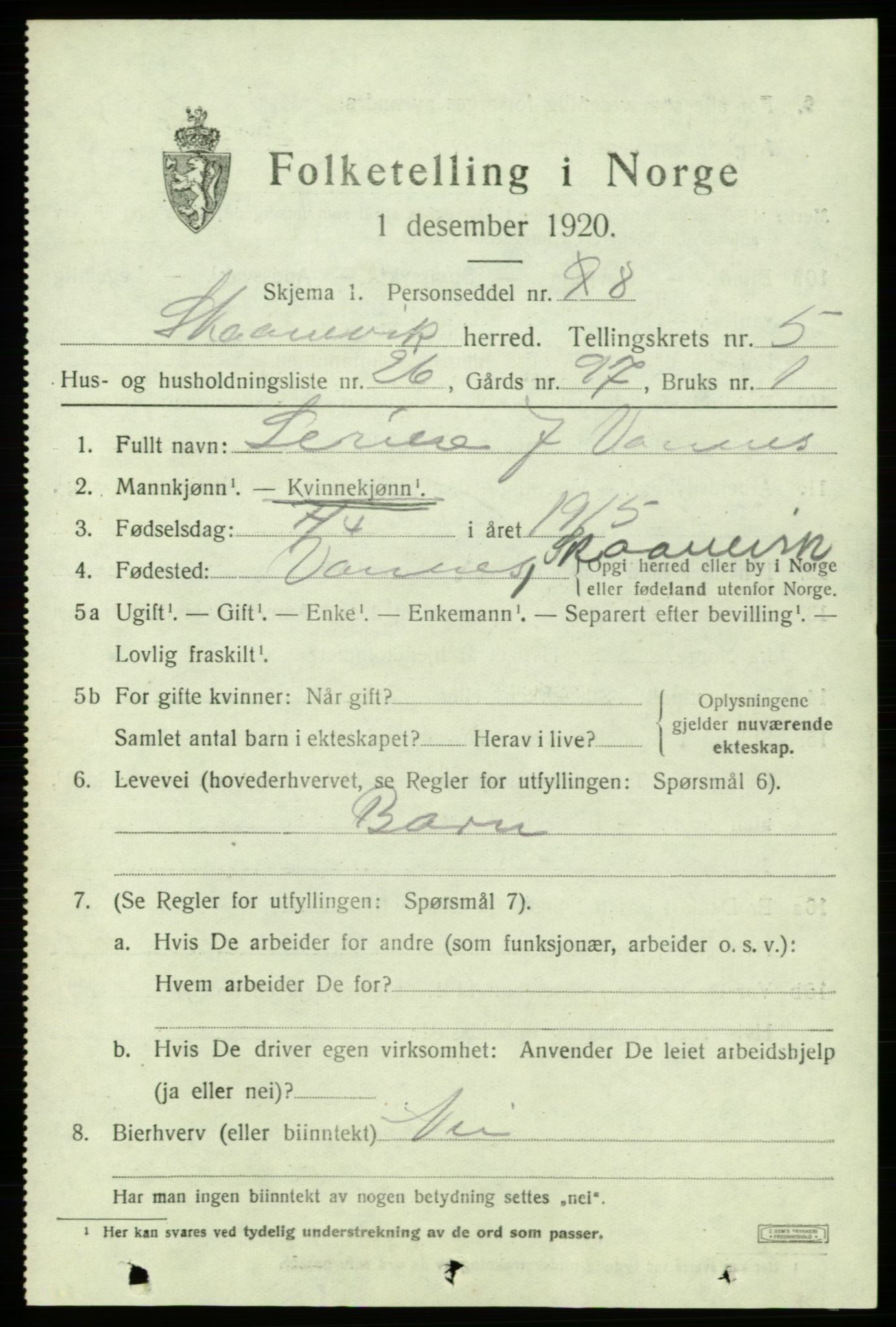 SAB, 1920 census for Skånevik, 1920, p. 4059