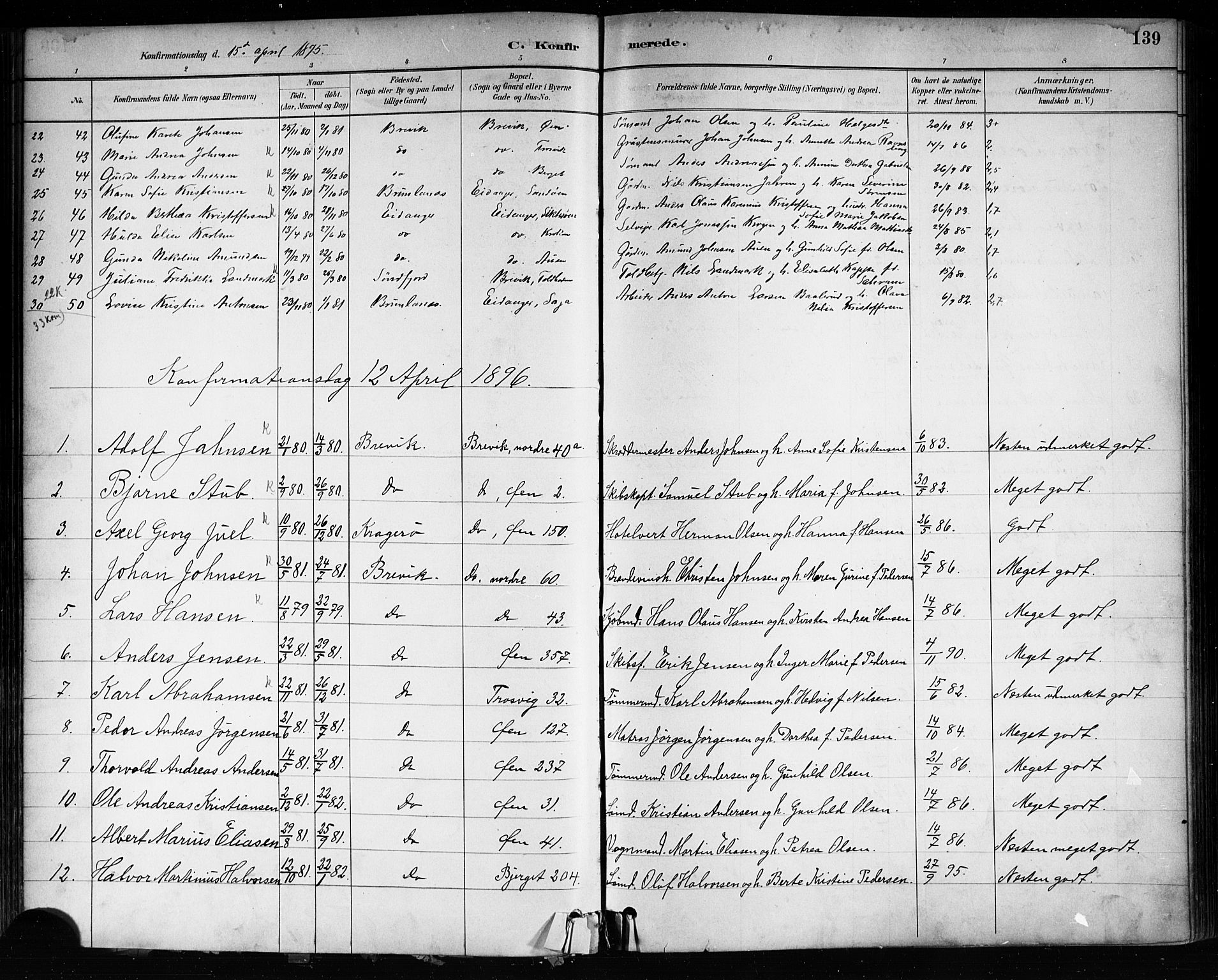 Brevik kirkebøker, SAKO/A-255/F/Fa/L0007: Parish register (official) no. 7, 1882-1900, p. 139