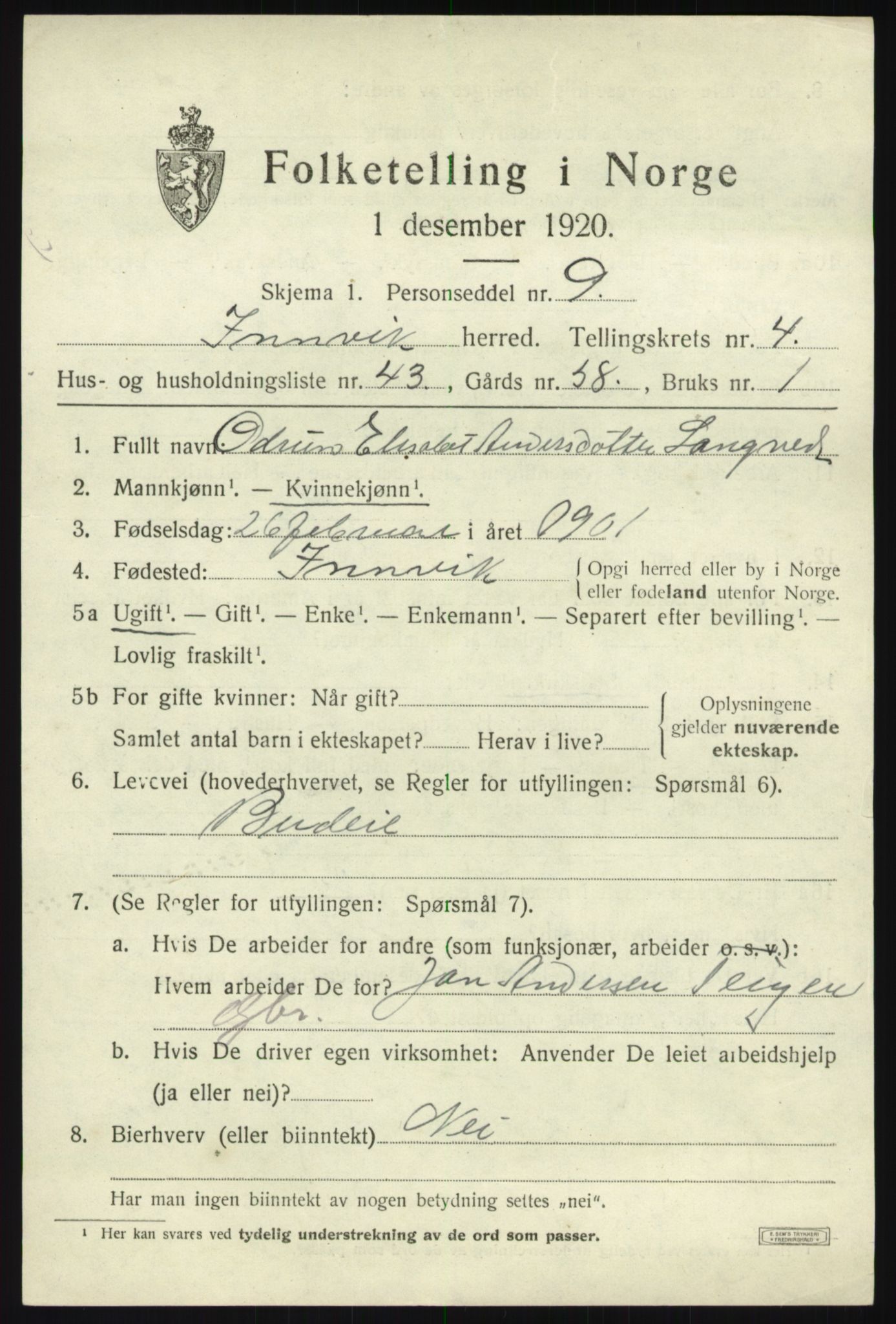 SAB, 1920 census for Innvik, 1920, p. 2727