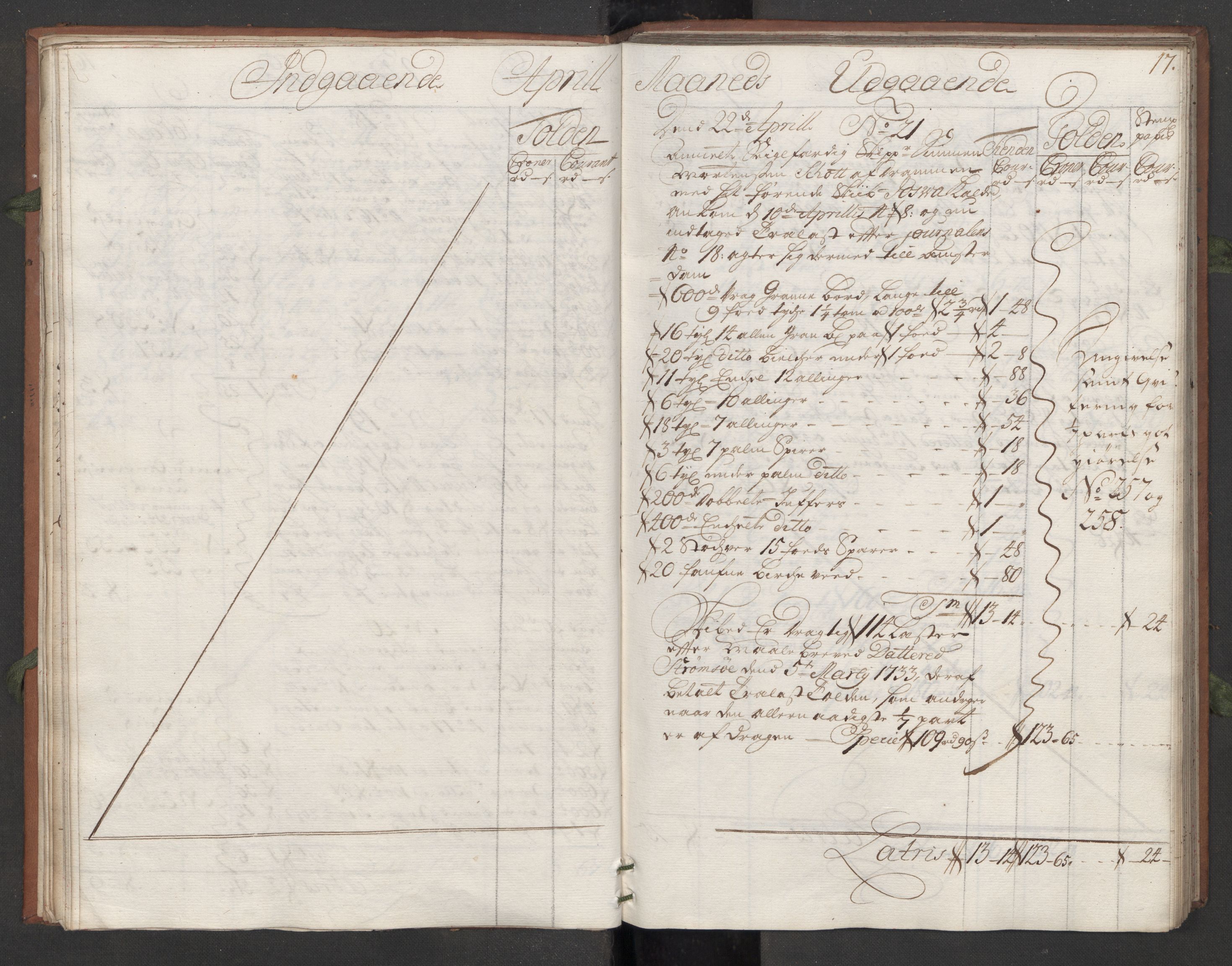 Generaltollkammeret, tollregnskaper, AV/RA-EA-5490/R09/L0008/0001: Tollregnskaper Holmestrand / Hovedtollbok, 1733, p. 16b-17a