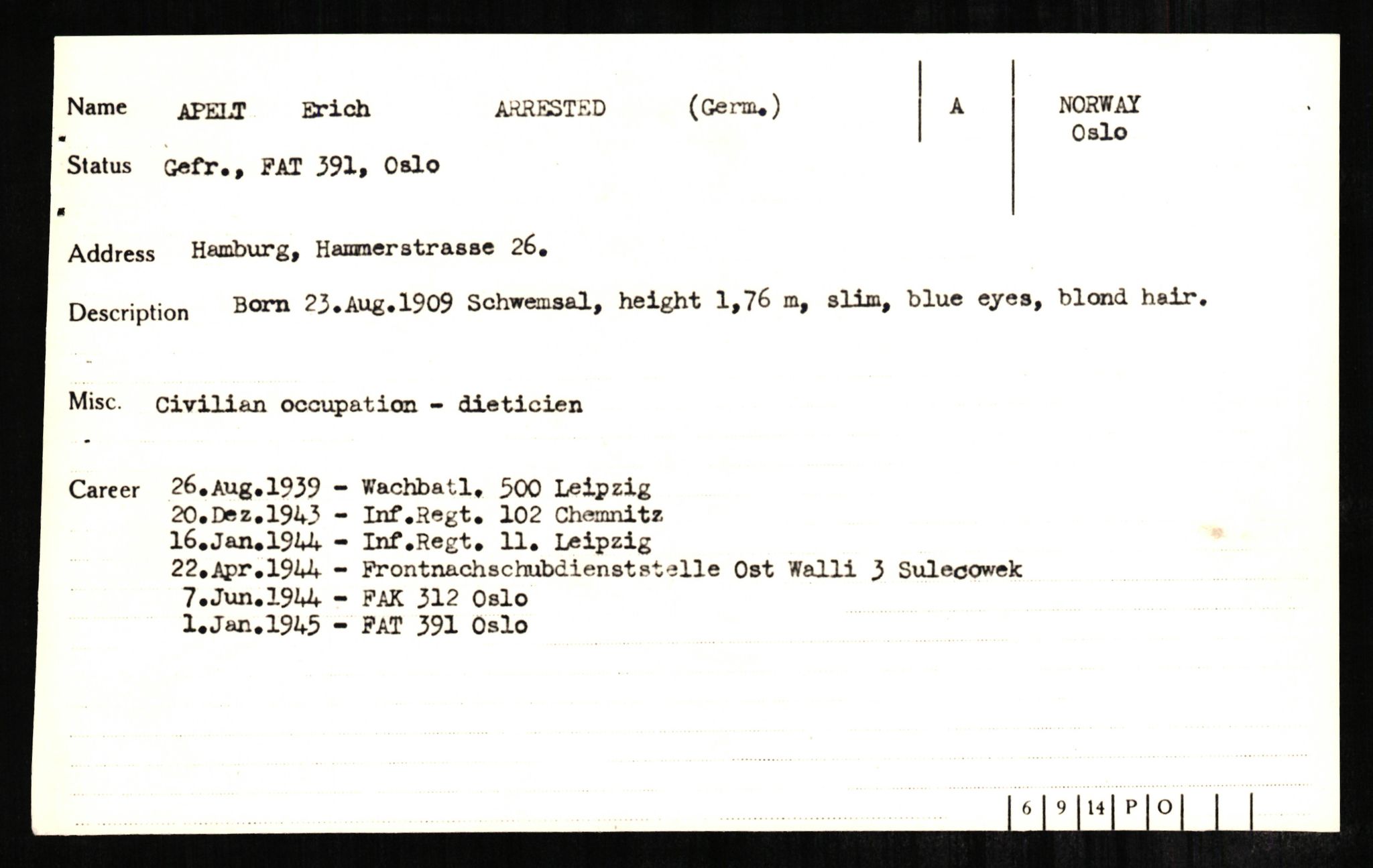 Forsvaret, Forsvarets overkommando II, AV/RA-RAFA-3915/D/Db/L0001: CI Questionaires. Tyske okkupasjonsstyrker i Norge. Tyskere., 1945-1946, p. 258