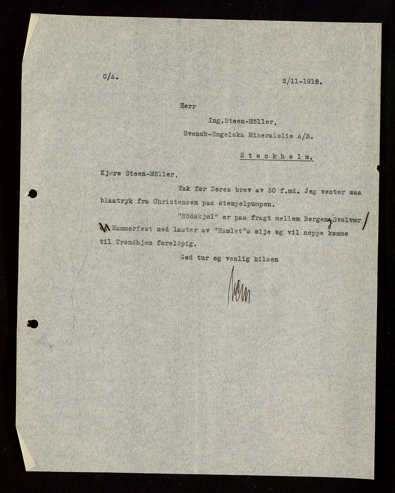 Pa 1521 - A/S Norske Shell, AV/SAST-A-101915/E/Ea/Eaa/L0003: Sjefskorrespondanse, 1918, p. 216