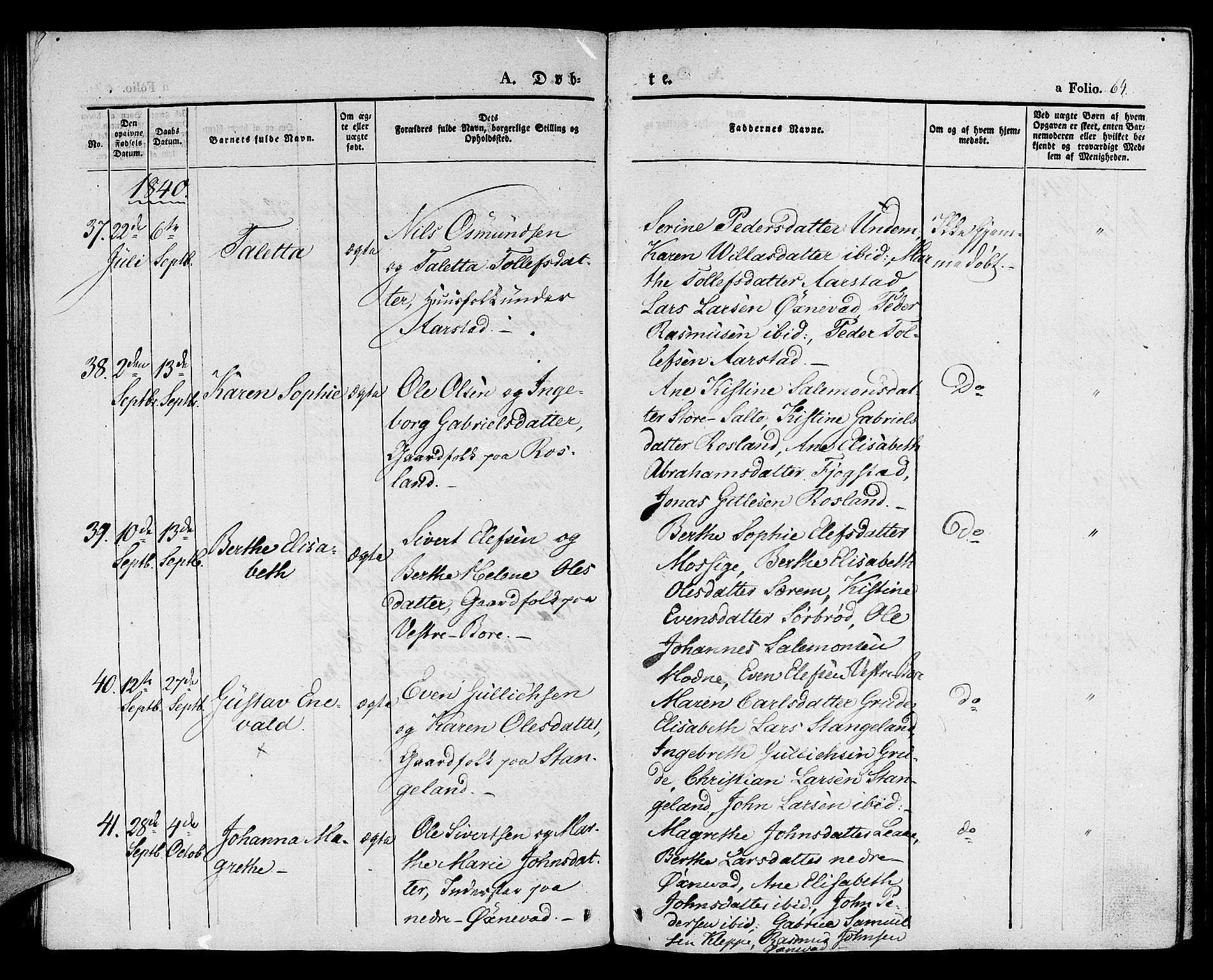 Klepp sokneprestkontor, SAST/A-101803/001/3/30BA/L0003: Parish register (official) no. A 3, 1833-1842, p. 64