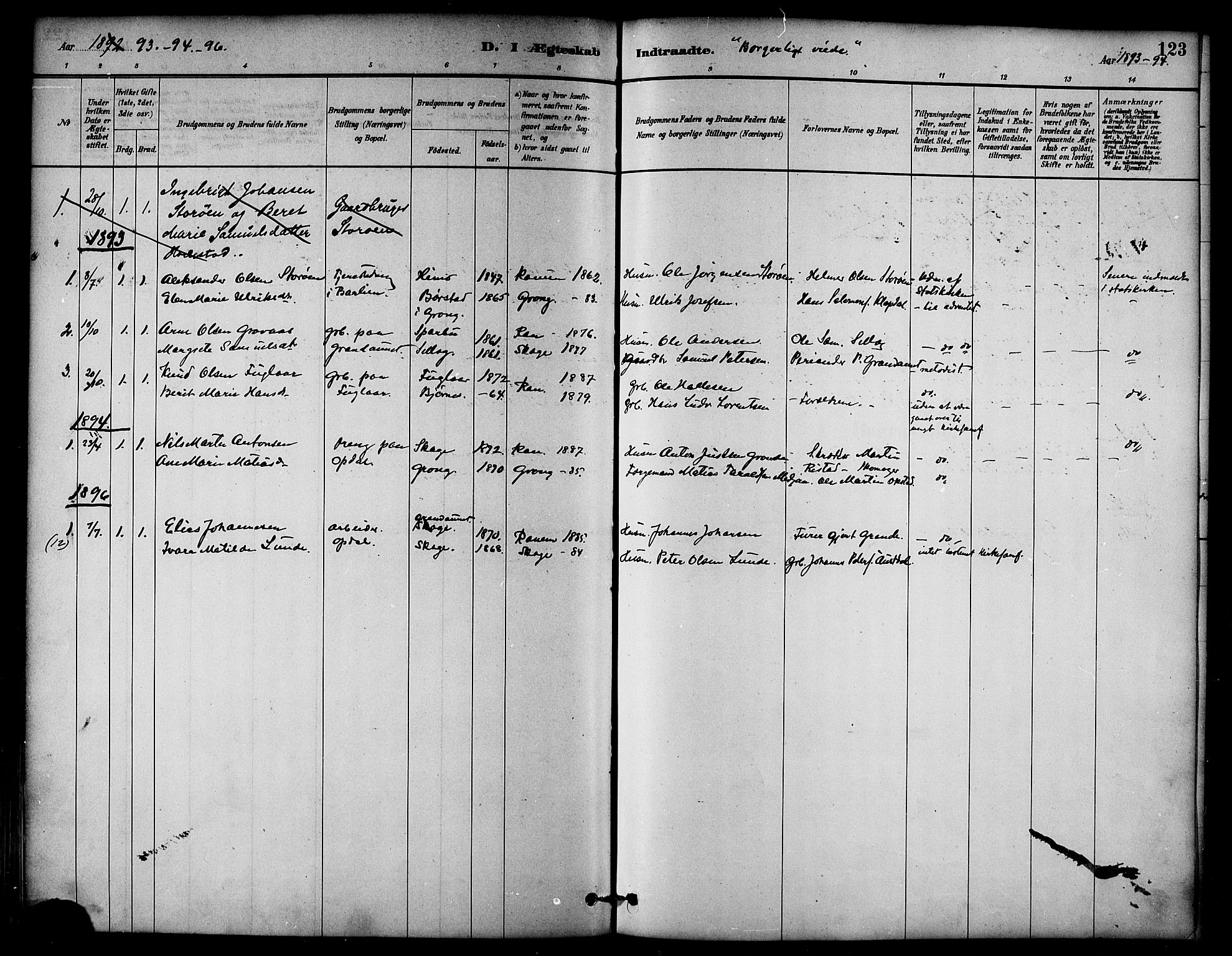 Ministerialprotokoller, klokkerbøker og fødselsregistre - Nord-Trøndelag, SAT/A-1458/764/L0555: Parish register (official) no. 764A10, 1881-1896, p. 123