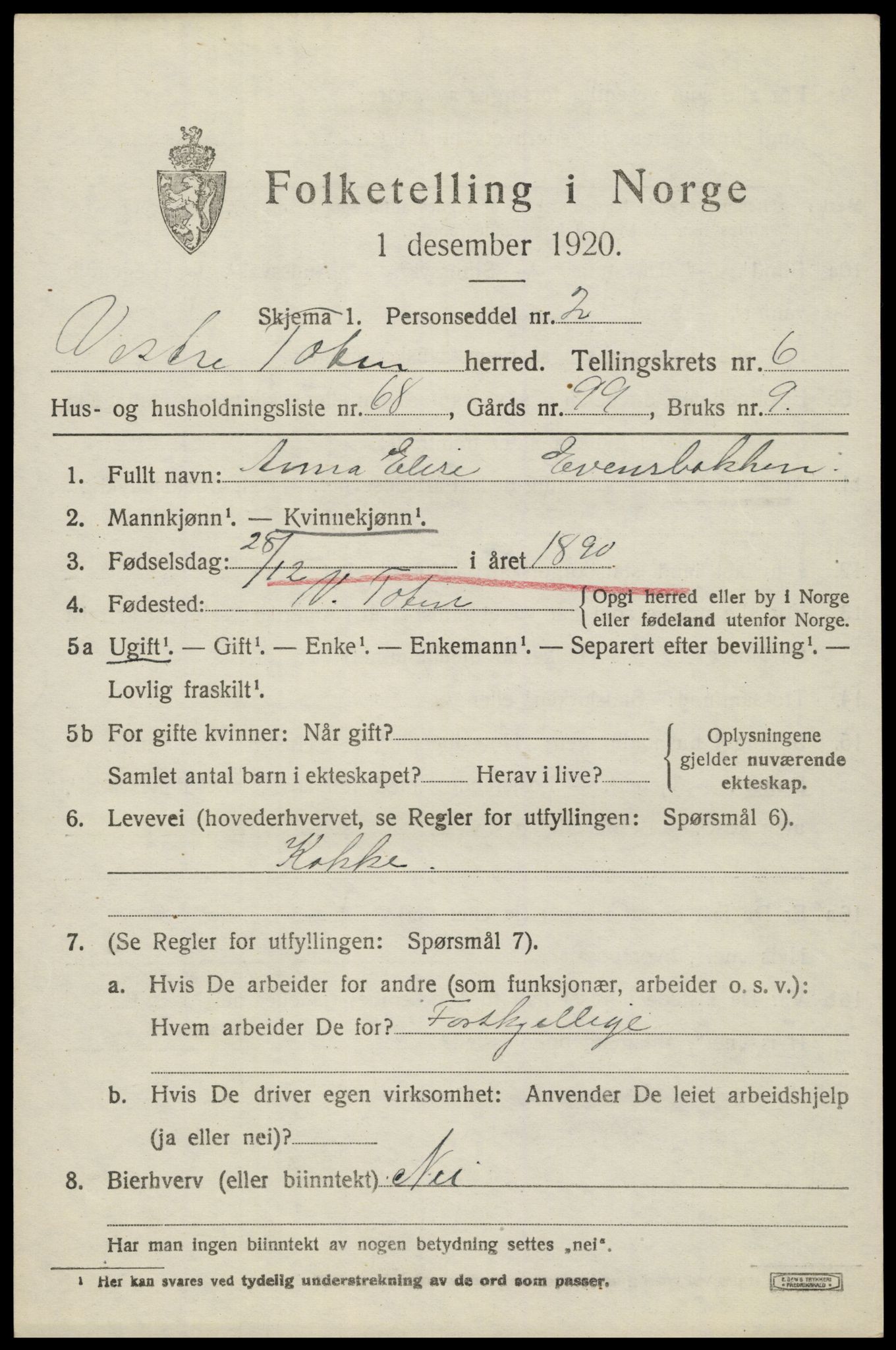 SAH, 1920 census for Vestre Toten, 1920, p. 8908