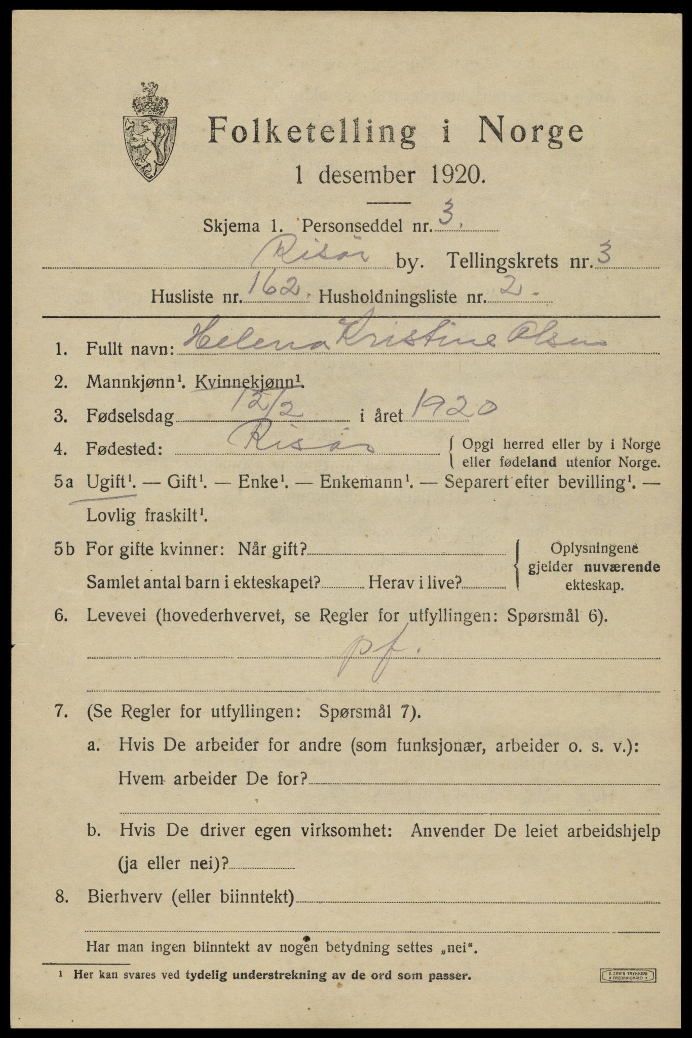 SAK, 1920 census for Risør, 1920, p. 9265