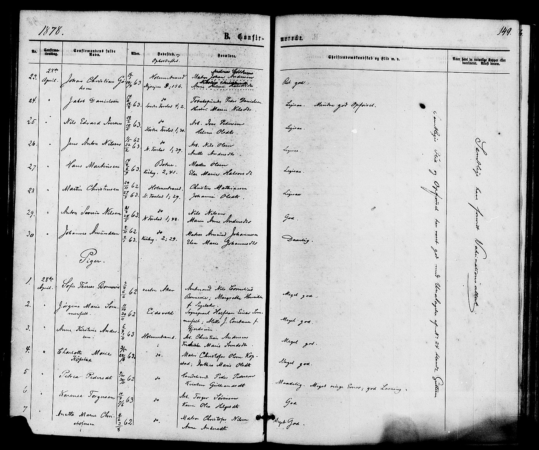 Holmestrand kirkebøker, AV/SAKO-A-346/F/Fa/L0003: Parish register (official) no. 3, 1867-1879, p. 149