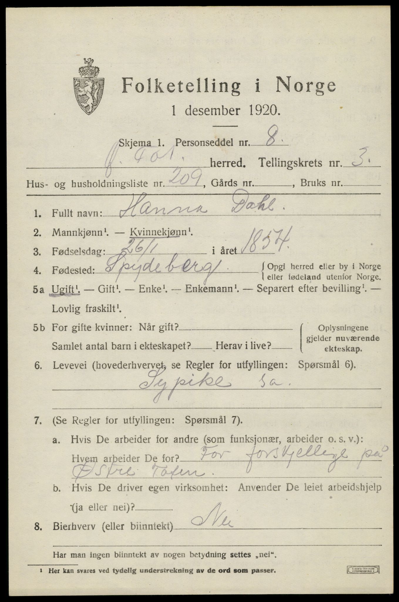 SAH, 1920 census for Østre Toten, 1920, p. 8312