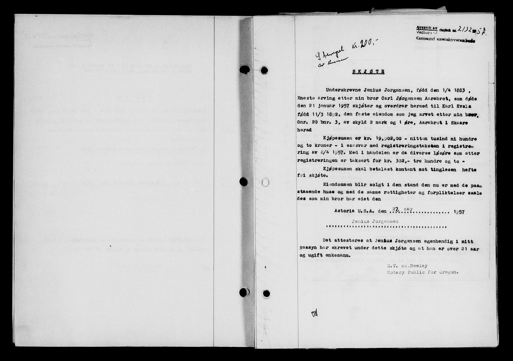 Karmsund sorenskriveri, SAST/A-100311/01/II/IIB/L0125: Mortgage book no. 105A, 1957-1957, Diary no: : 2132/1957