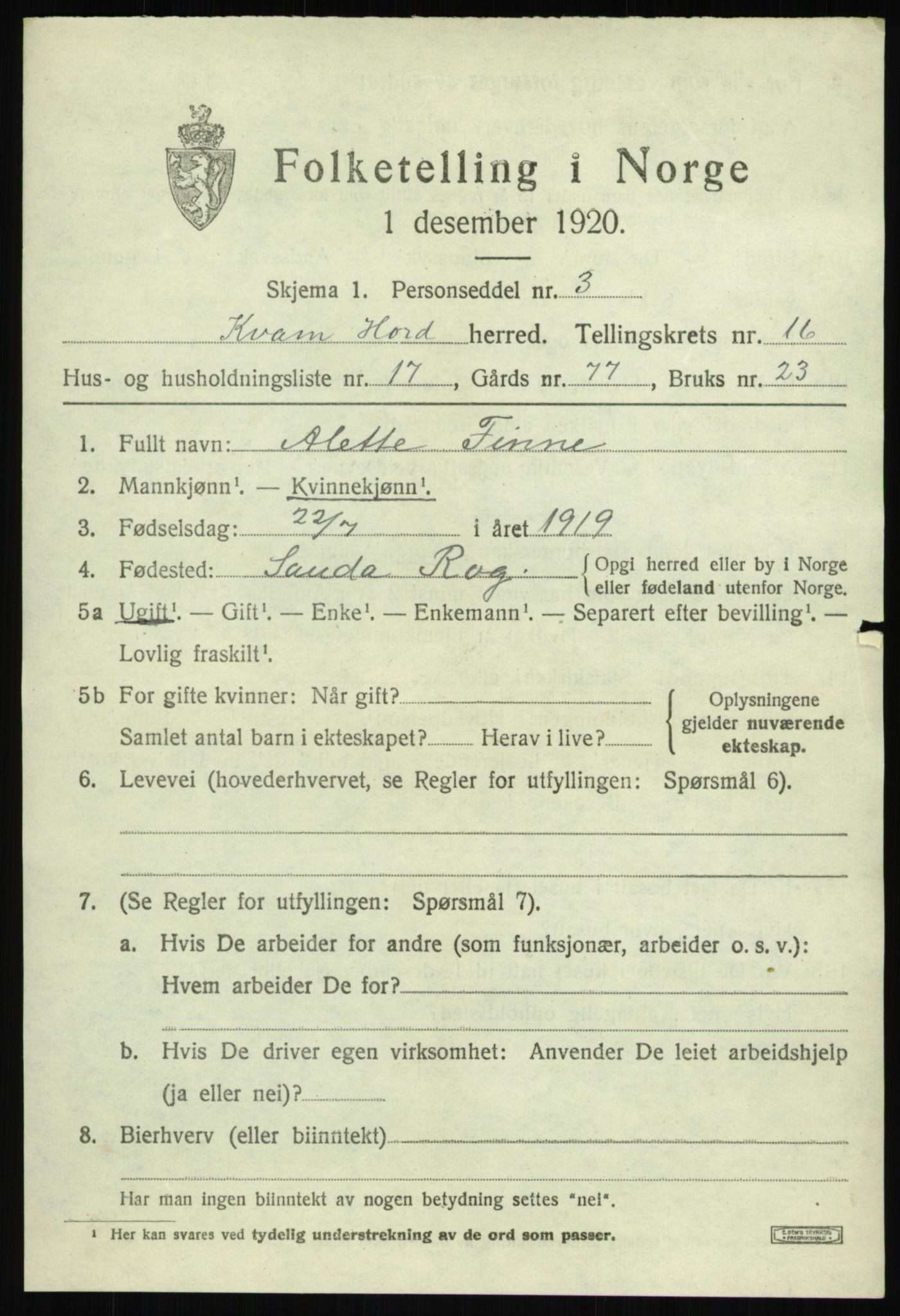 SAB, 1920 census for Kvam, 1920, p. 9197