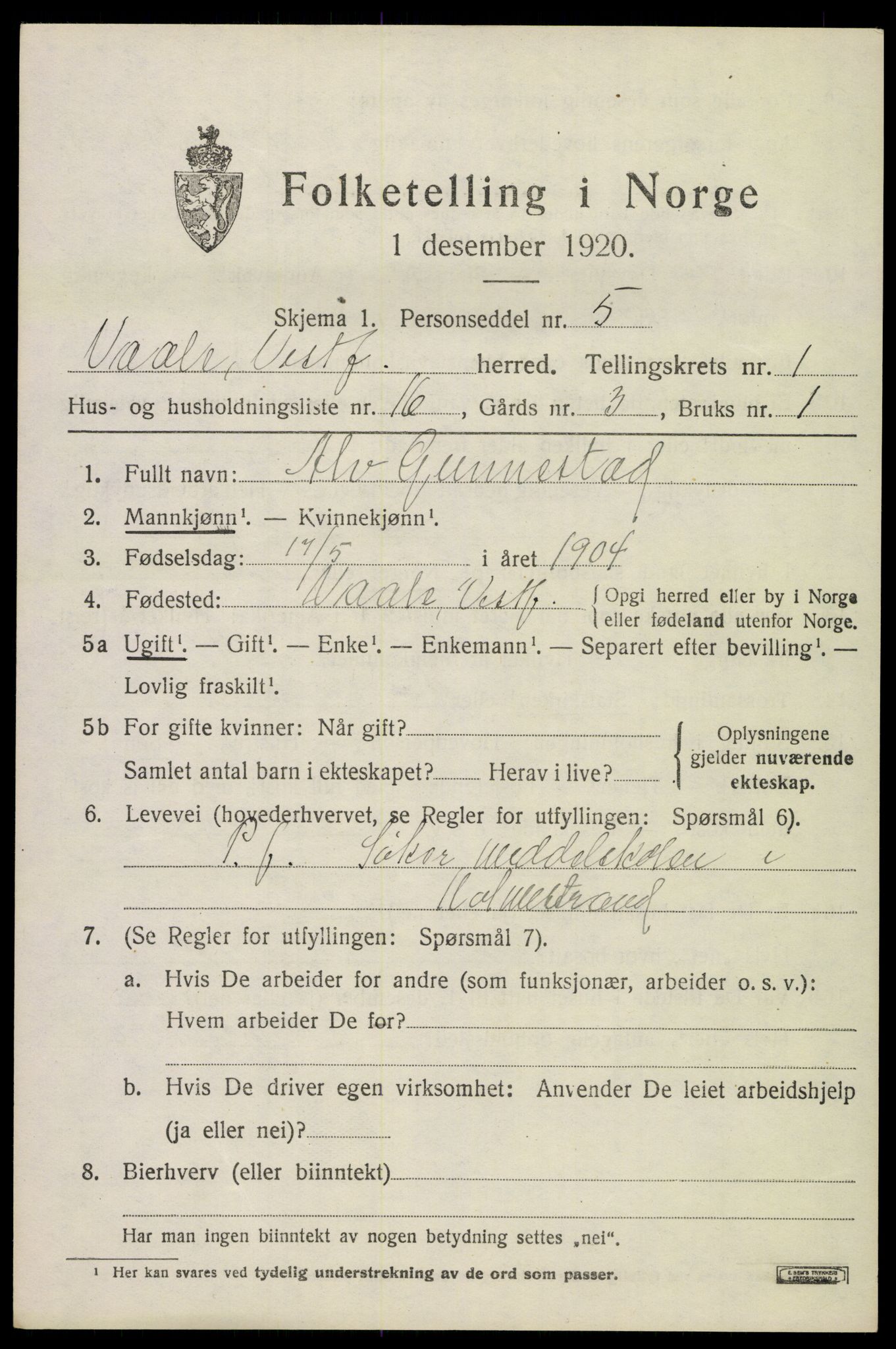 SAKO, 1920 census for Våle, 1920, p. 1242