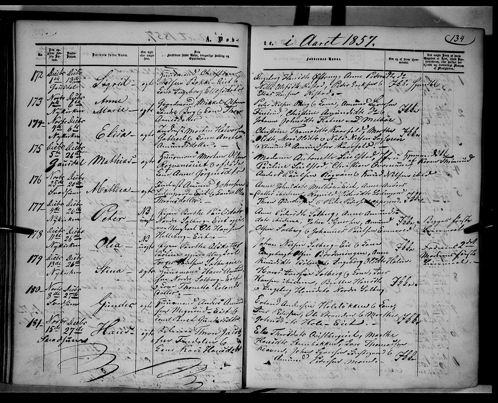 Gausdal prestekontor, SAH/PREST-090/H/Ha/Haa/L0008: Parish register (official) no. 8, 1850-1861, p. 134