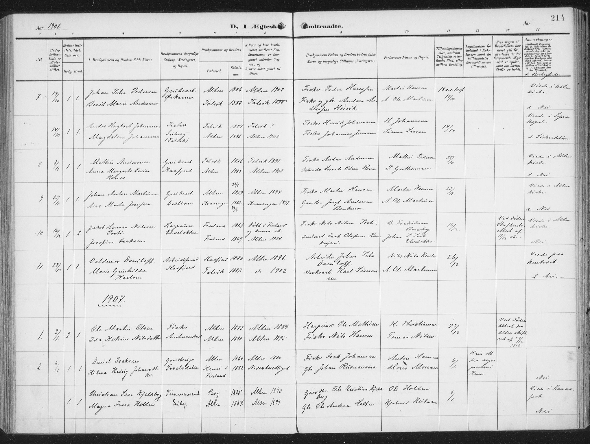 Alta sokneprestkontor, SATØ/S-1338/H/Ha/L0005.kirke: Parish register (official) no. 5, 1904-1918, p. 214
